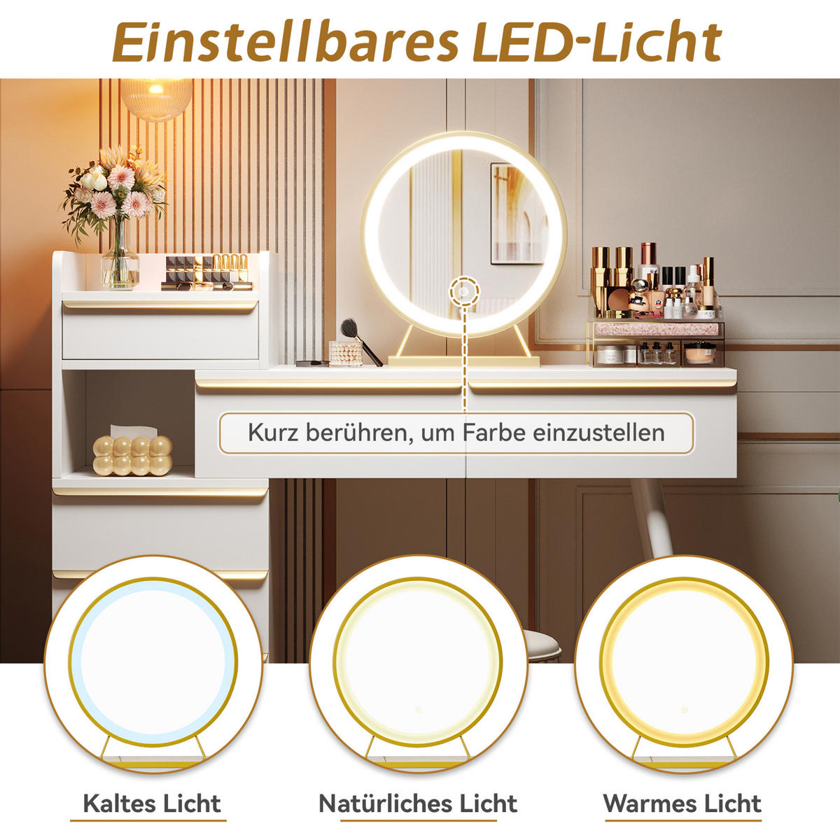 SCHMINKTISCH 41,5/100/102 cm mit ausziehbarer Tischplatte, LED-Spiegel und 6 Schubladen, Weiß - Weiß, Holzwerkstoff (100/102/41.5cm) - Redom