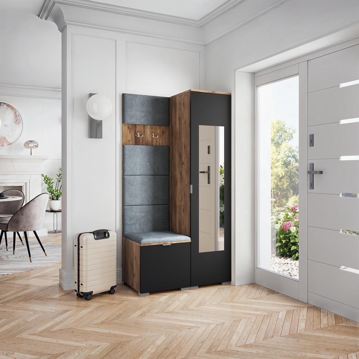 GARDEROBENSCHRANK VIRA 95/181/51 cm Modern Garderobe-Set Eiche Lefkas - Eichefarben/Schwarz, Holzwerkstoff (95/181/51cm) - MASSENO