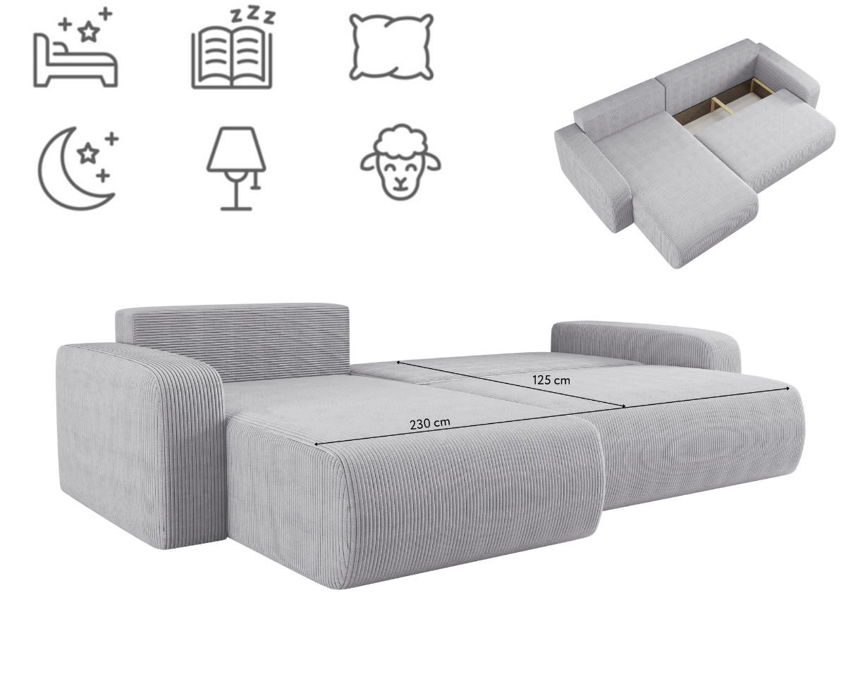 SCHLAFSOFA MILANO XL und bettkasten stoff Poso Dicker Cord Grau Links - Grau, Holz (274/82/145cm) - Kaiser Möbel