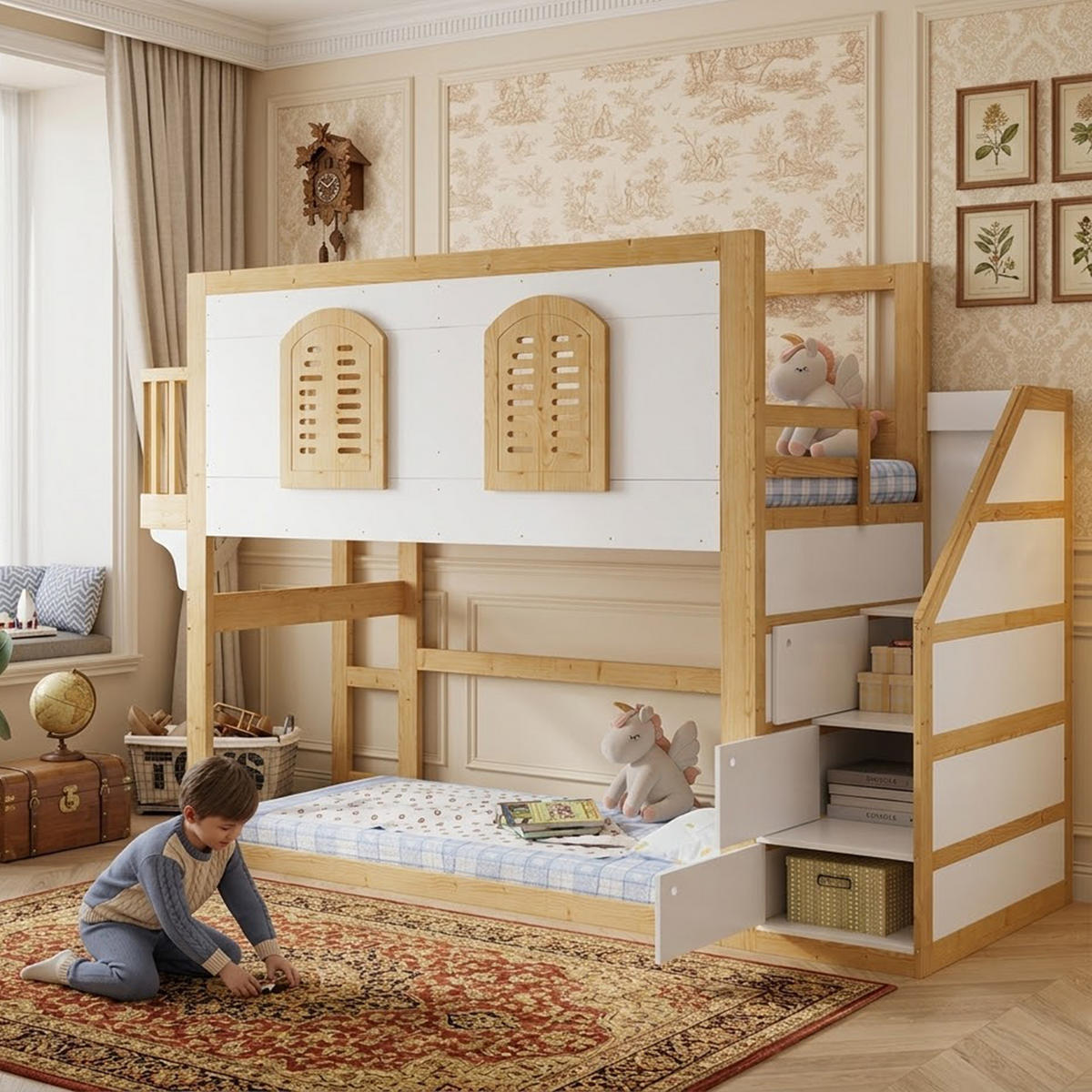 KINDERBETT Weiß und Natur Liegefläche 90/200 cm, Hochbett mit Treppenschrank, Spielfläche, Lattenrost - Naturfarben, Holz (90/200cm) - PANGIVO
