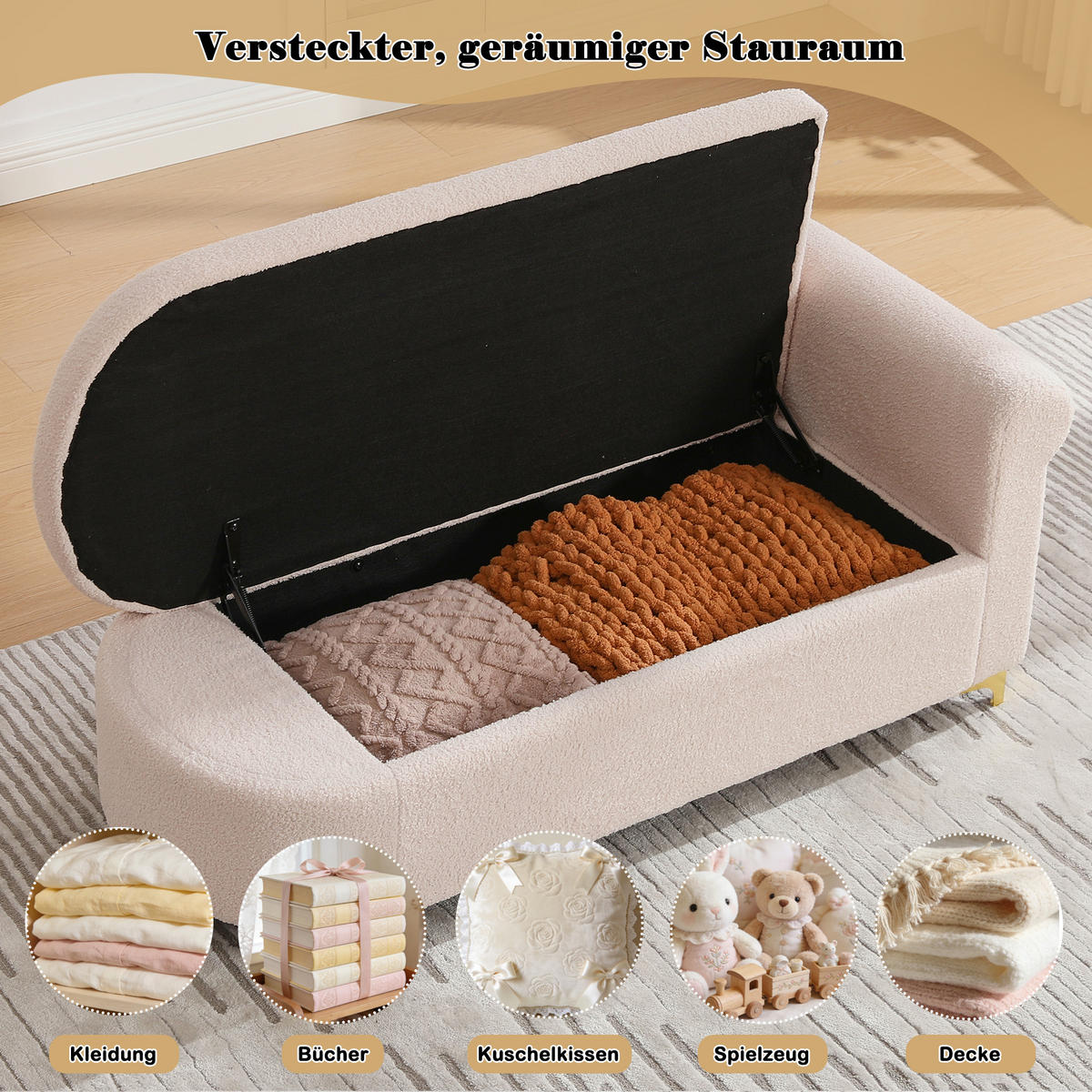 CHAISELONGUE 134 cm mit Stauraum, modernes Design, Teddyplüsch, wellenförmige Rückenlehne, inkl. Lenden- & Nackenkissen - Hellrosa, Textil (64/70/134cm) - Ej. Life