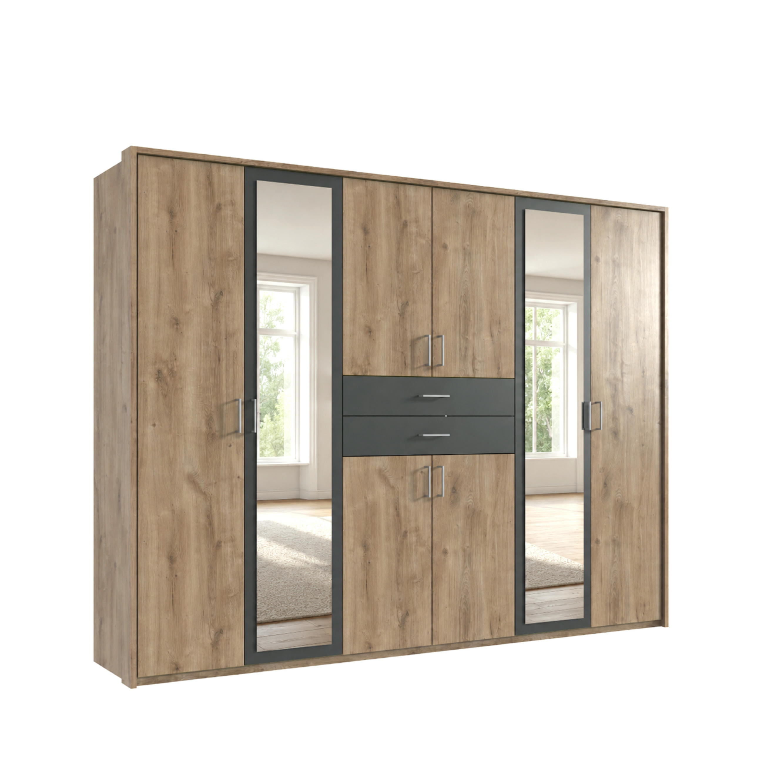 DREHTÜRENSCHRANK Kleiderschrank B273/H210/T58 cm mit Passepartout, Schubkästen & 2 Spiegeltüren, Eiche Dekor mit Absetzungen in Grafit / 22603 - Eichefarben/Silberfarben, Holzwerkstoff/Kunststoff (273/210/58cm) - luma-home