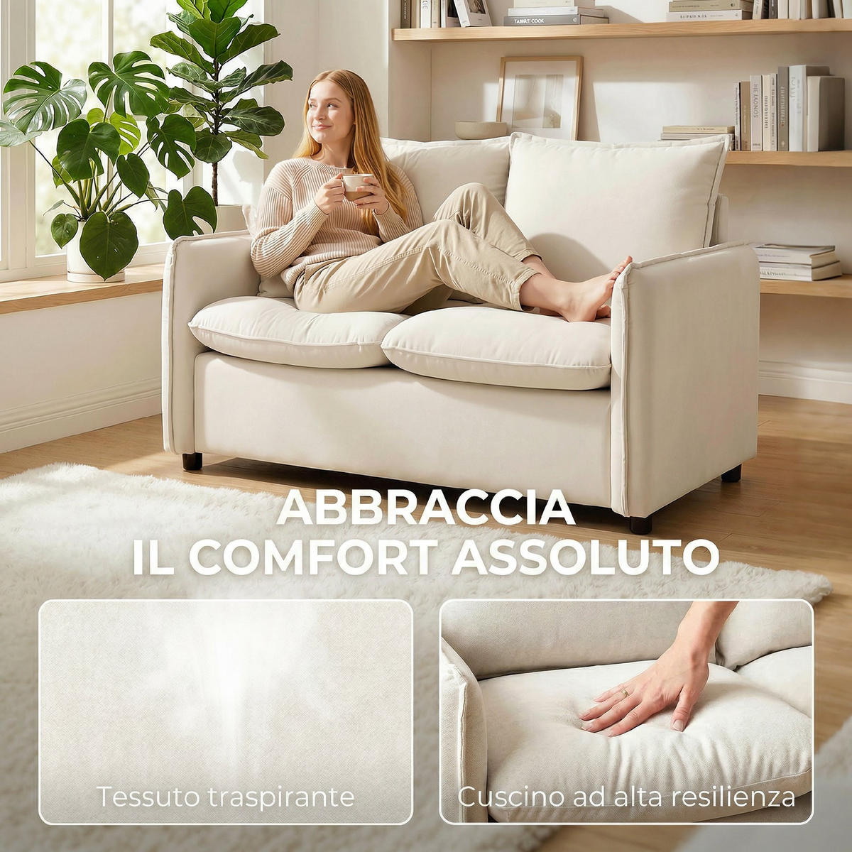SOFA, 2-Sitzer, Lederoptik, dicke Polsterung, 2 Kissen, Armlehnen, creme - Multicolor, Holzwerkstoff (131/80/73cm) - FORIOUS