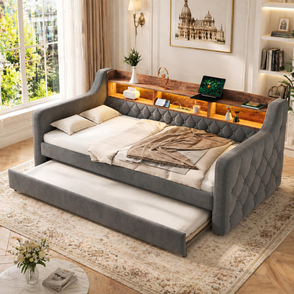 ROZKLÁDACÍ POHOVKA 90/190 cm v tmavě šedé barvě ze sametu s LED a USB-C - tmavě šedá, kov/kompozitní dřevo (90/190cm) - CHICFURN