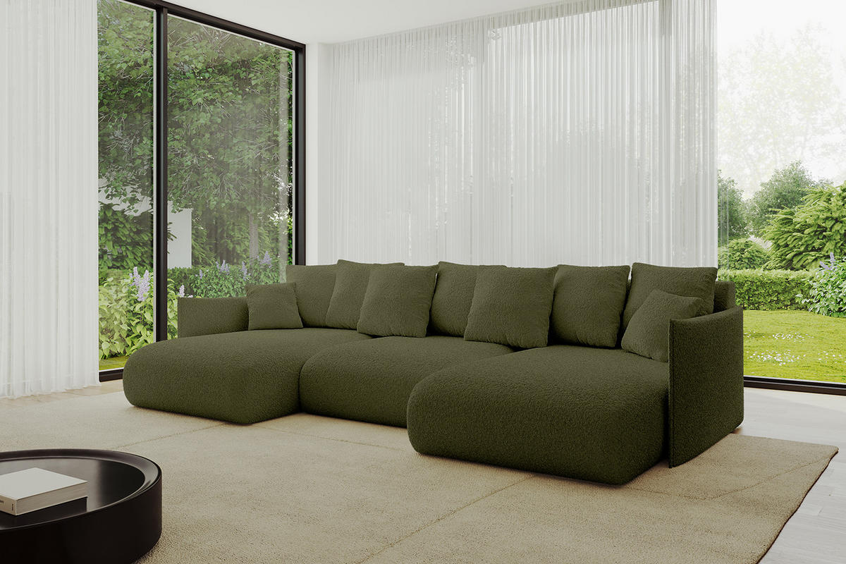 WOHNLANDSCHAFT mit Schlaffunktion und Bettkasten ONESK-U 317x177x72 Grün Bouclé - Olivgrün, Holzwerkstoff/Kunststoff (317/72/177cm) - ALTDECOR