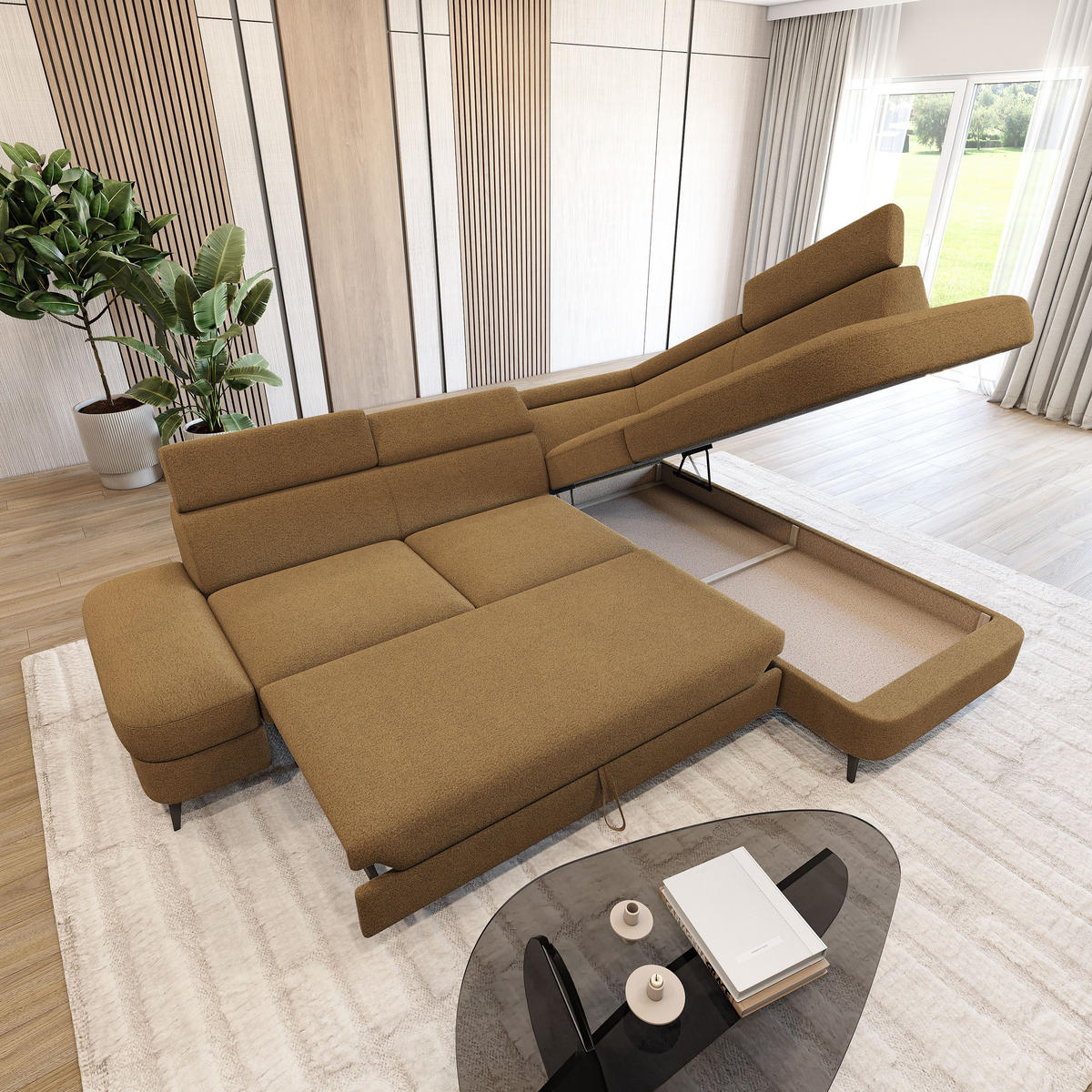 ECKSOFA AVISE Q R-S Orange Boucle-Stoff mit Schlaffunktion - Orange, Holzwerkstoff/Textil (268/195cm) - MASSENO