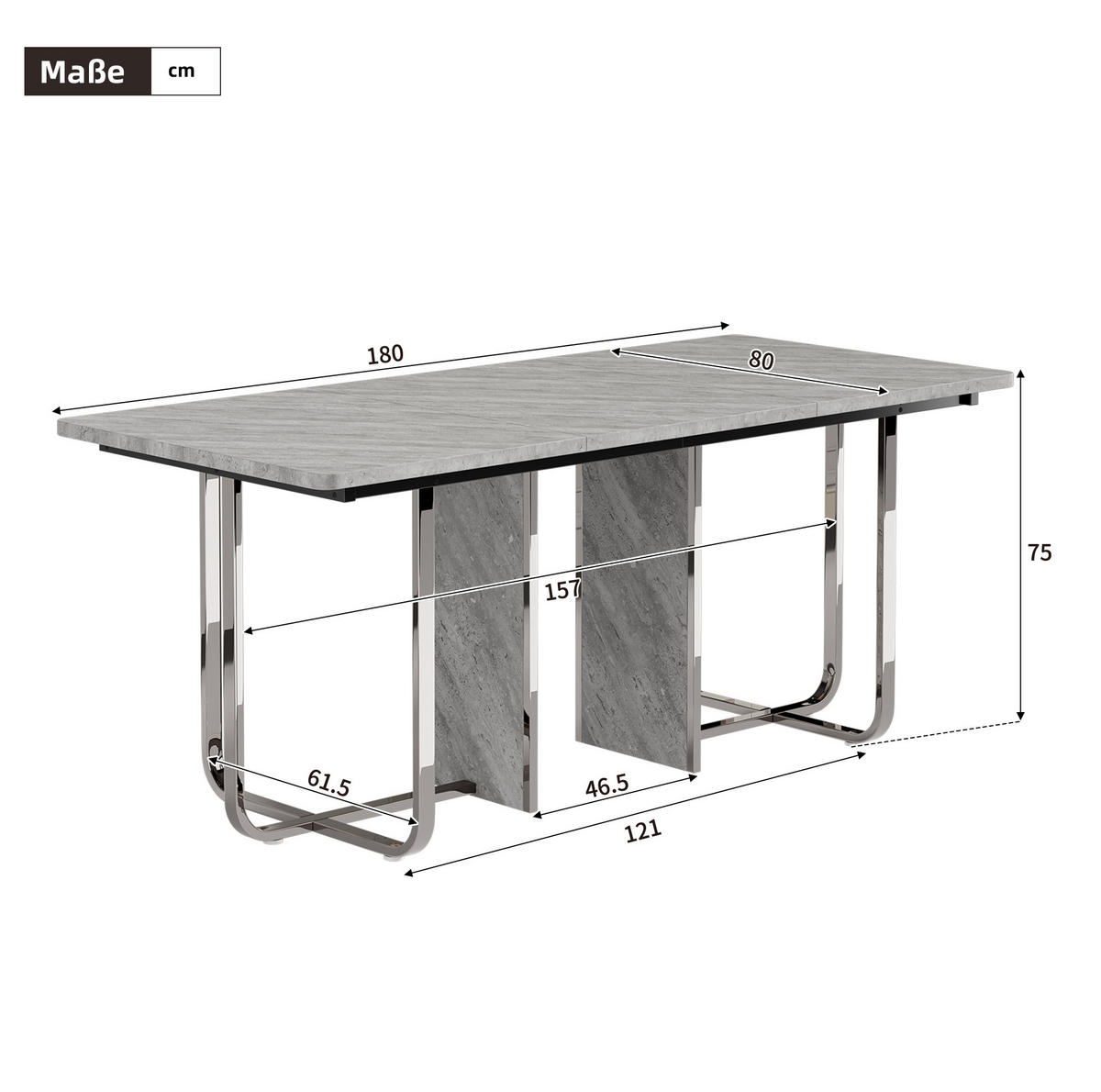 ESSTISCH 180/80/75 cm für 6-8 Personen mit MDF-Tischplatte und Metallbeinen, Grau/Silber - Grau, Holzwerkstoff (180/80/75cm) - Redom