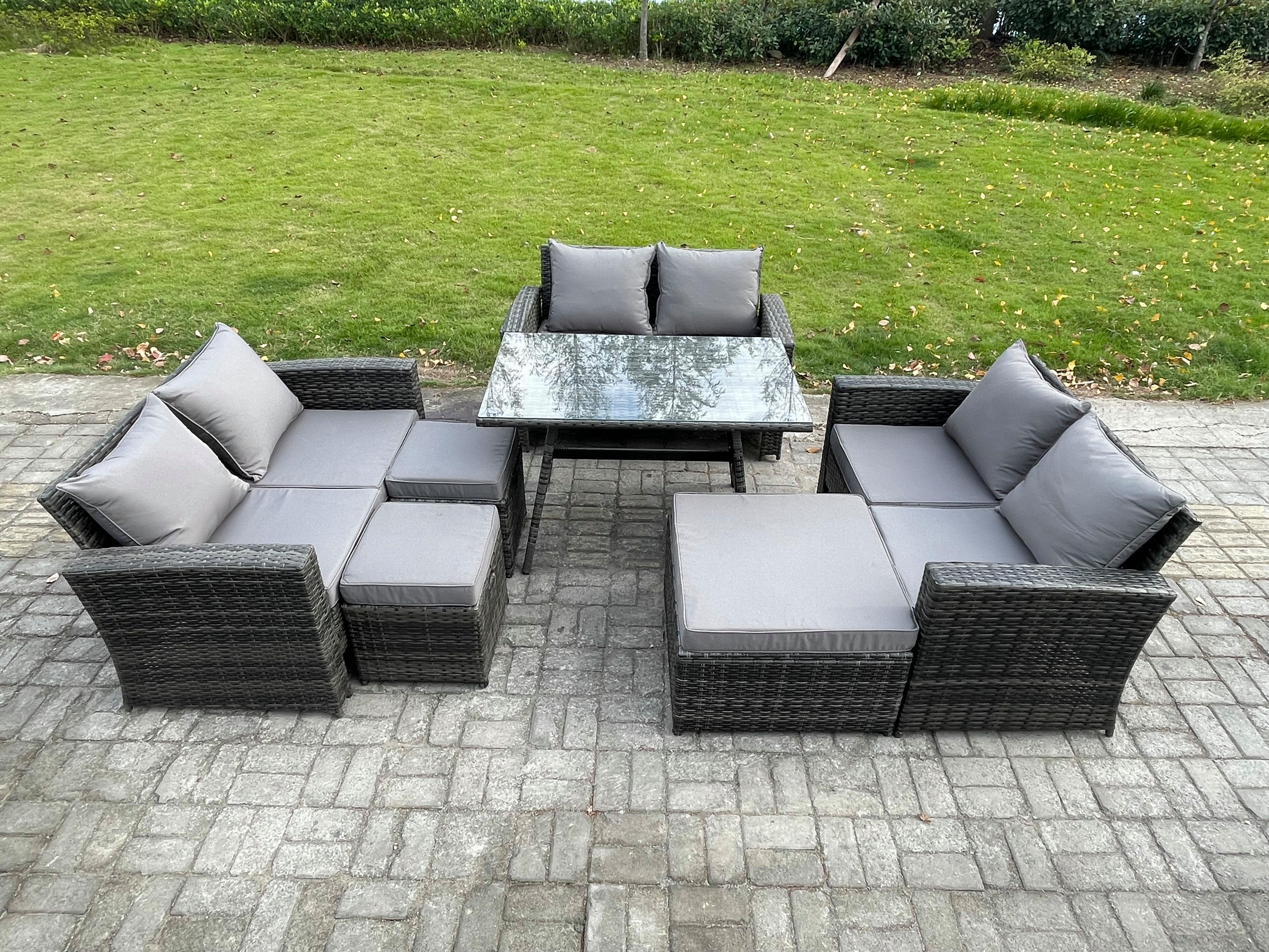 GARTENMÖBELSET mit ESSTISCH,HOCHLEHNER-SOFA Polyrattan Dunkelgrauer Mix 9-Sitzer - Dunkelgrau/Grau, Glas/Kunststoff - Fimous