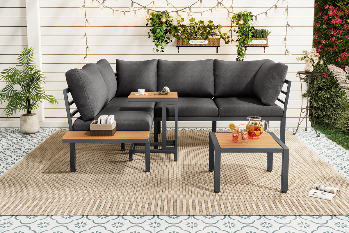 GARTENMÖBEL,SOFA+BEISTELLTISCH+COUCHTISCH,GRAU+SCHWARZ - Grau, Textil - Vallsero