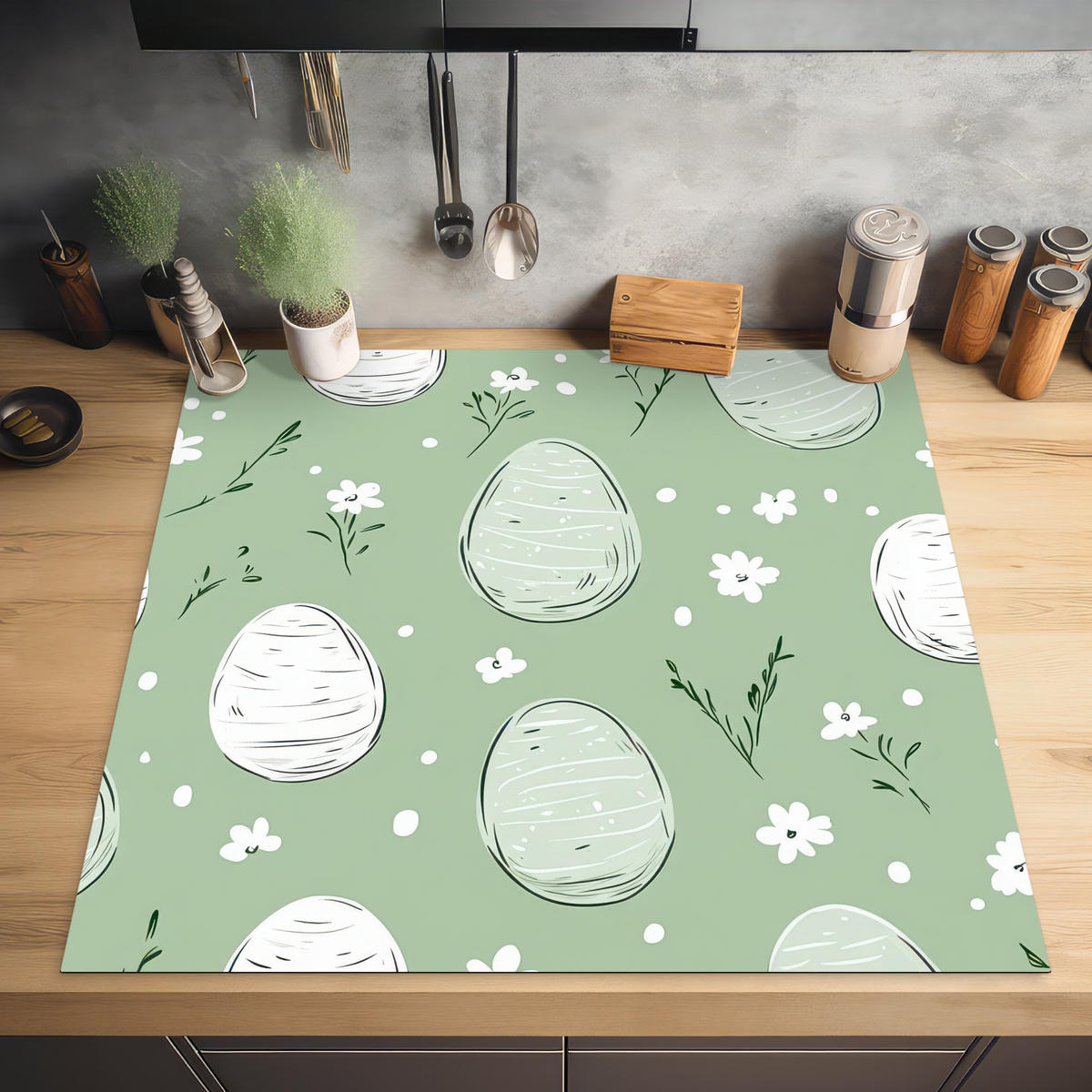 HERDABDECKPLATTE Grün - Eier - Muster Induktionsmatte 78x78 cm - Waldgrün, Kunststoff (78/78/0.2cm) - MuchoWow