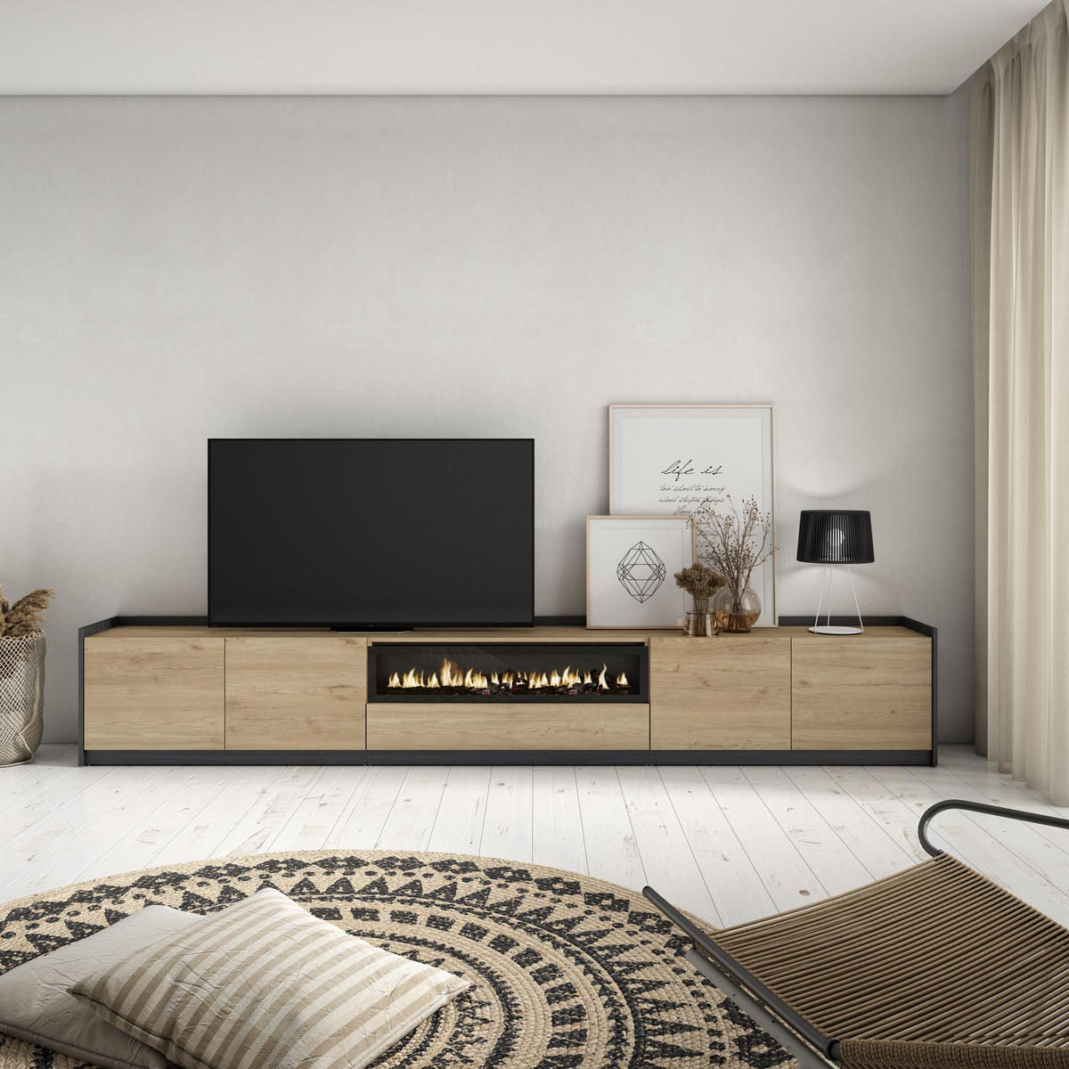 TV-SCHRANK, Lowboard, Eiche Schwarz, Elektrokamin, 310/37/50cm - Eichefarben, Holzwerkstoff (310/50/37cm) - Skraut Home