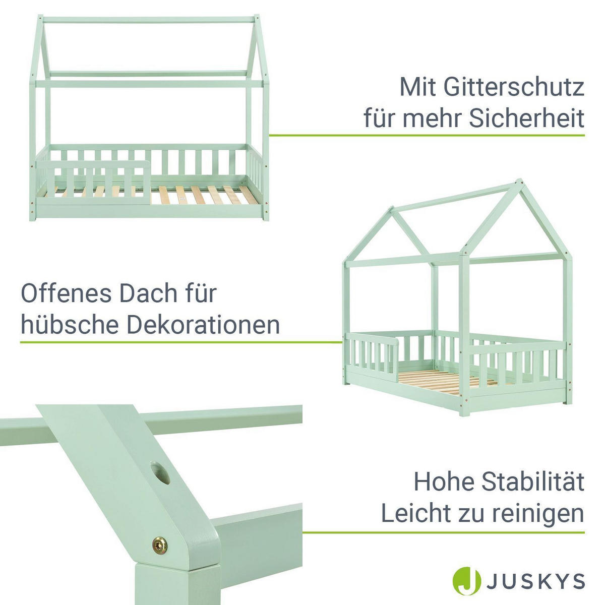 KINDERBETT Marli mit Matratze mint 80x160 cm - Grün, Holzwerkstoff (80/160cm) - Juskys