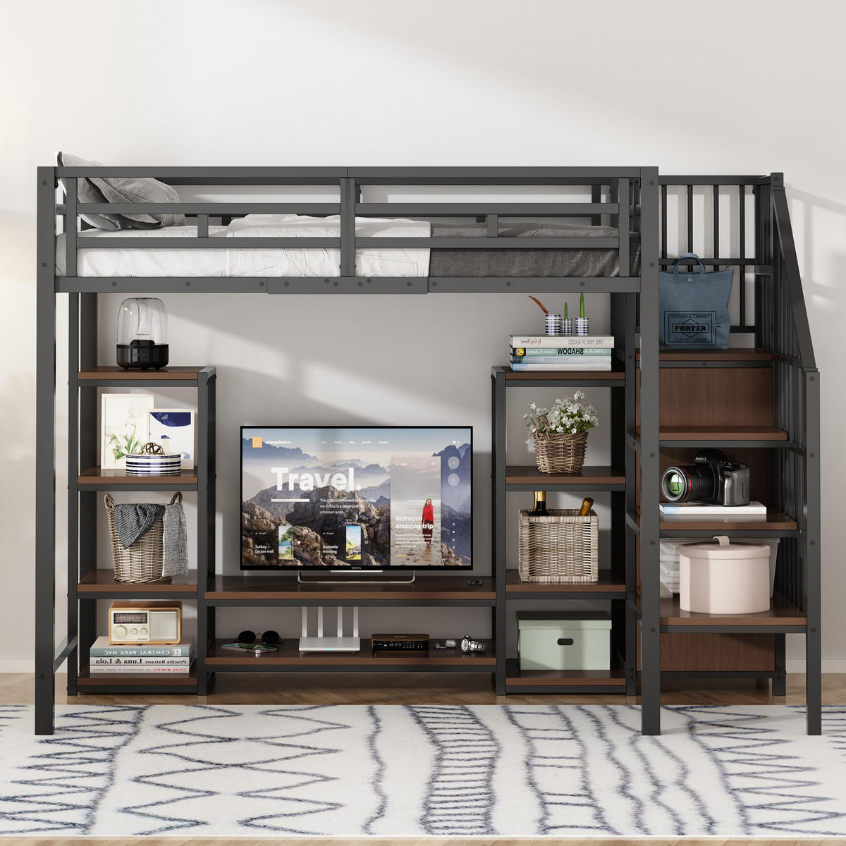 HOCHBETT 90/200 cm schwarz mit TV-Ständer, Steckdose und Sicherheitsleiter - Schwarz, Metall (90/200cm) - OKWISH