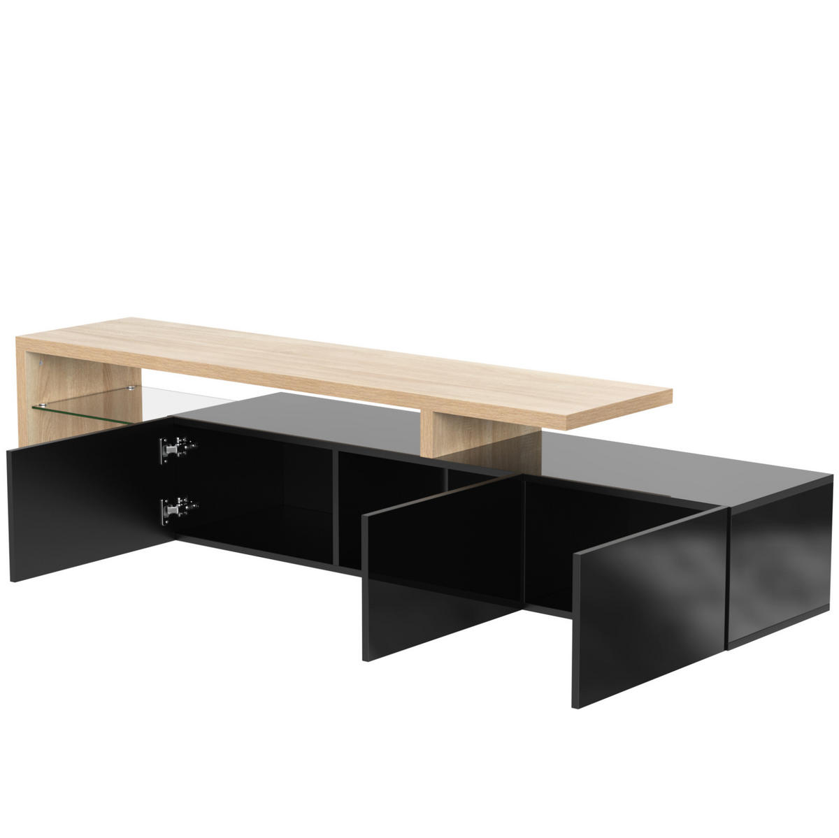 TV-LOWBOARD aus MDF und Glas 197,5x39x42 cm Natur/Schwarz mit 3 Schränken und LED-Beleuchtung - Naturfarben, Holzwerkstoff (197.5/42/39cm) - IVMEU