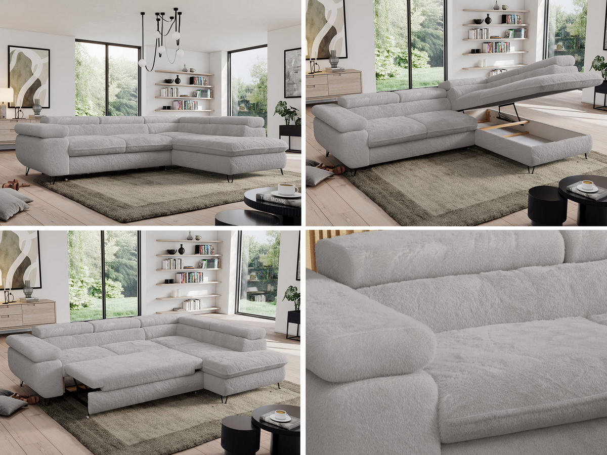 ECKSOFA PEDRO L Hellgrau Plüsch - Rechts Seite - Hellgrau/Schwarz, Textil/Metall (273/208cm) - MKS