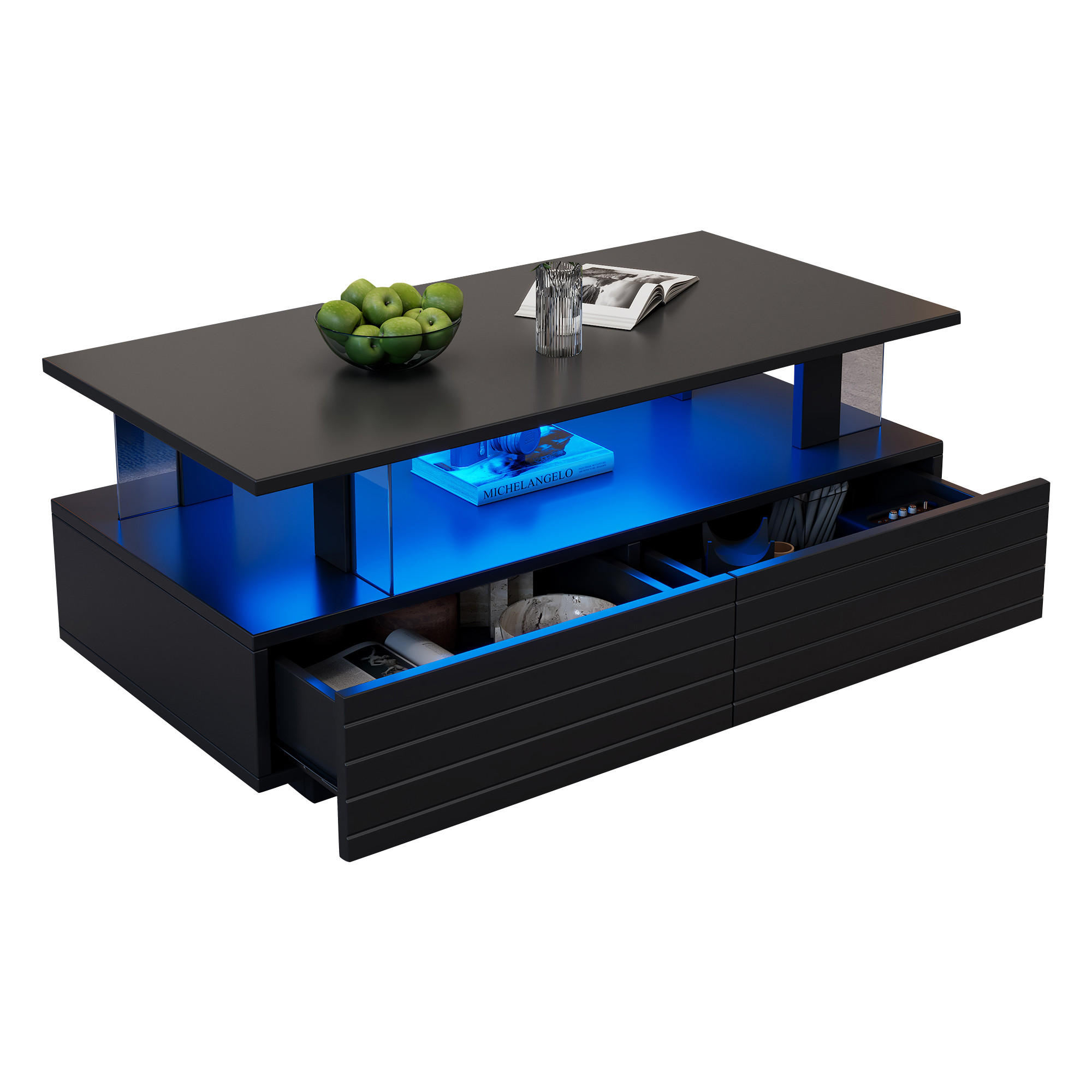COUCHTISCH in Schwarz Wohnzimmertisch mit Schubladen und LED für Wohnzimmer, B100/T50/H42.5 cm - Schwarz, Kunststoff (50/100/42.5cm) - STILVORA
