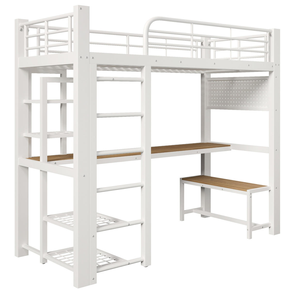 HOCHBETT 90/200 cm Weiß mit LED, Schreibtisch und Stauraum ohne Matratze - Weiß, Metall (90/200cm) - MIVRAY
