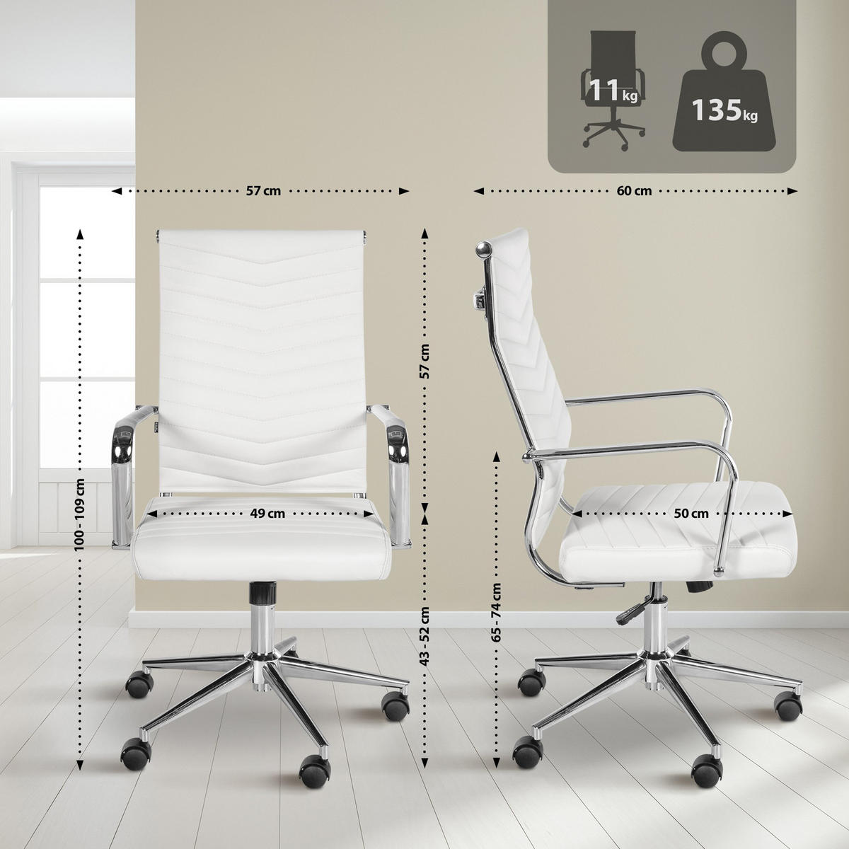 BÜROSTUHL Zynor Kunstleder weiß - Chromfarben/Weiß, Metall (57/109/60cm) - TPFLiving