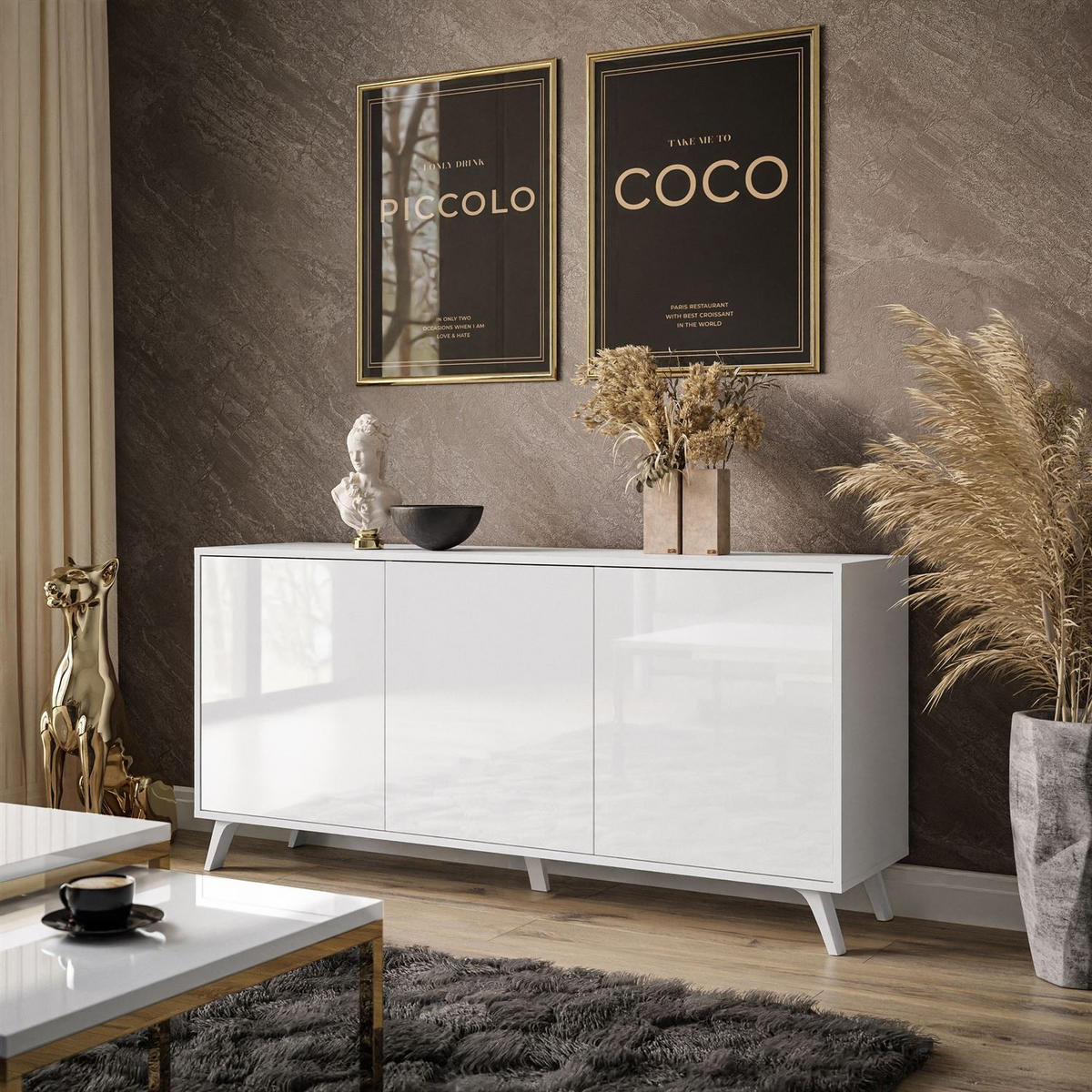 SIDEBOARD SANAYI auf weißen Beinen, Hochglanz Weiß/Weiße Beine - Weiß, Holzwerkstoff (154/72/40cm) - Lookway