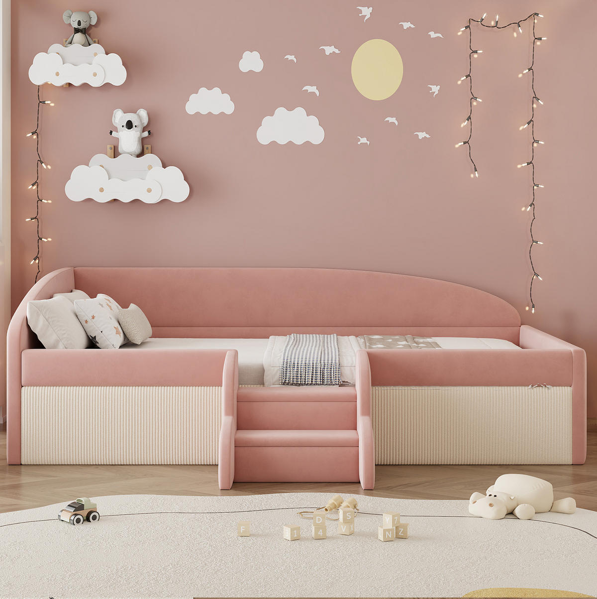 KINDERBETT 90/190 cm rosa-cremeweiß mit Sicherheitsdesign und Samtbezug - Pink, Textil (90/190cm) - OKWISH