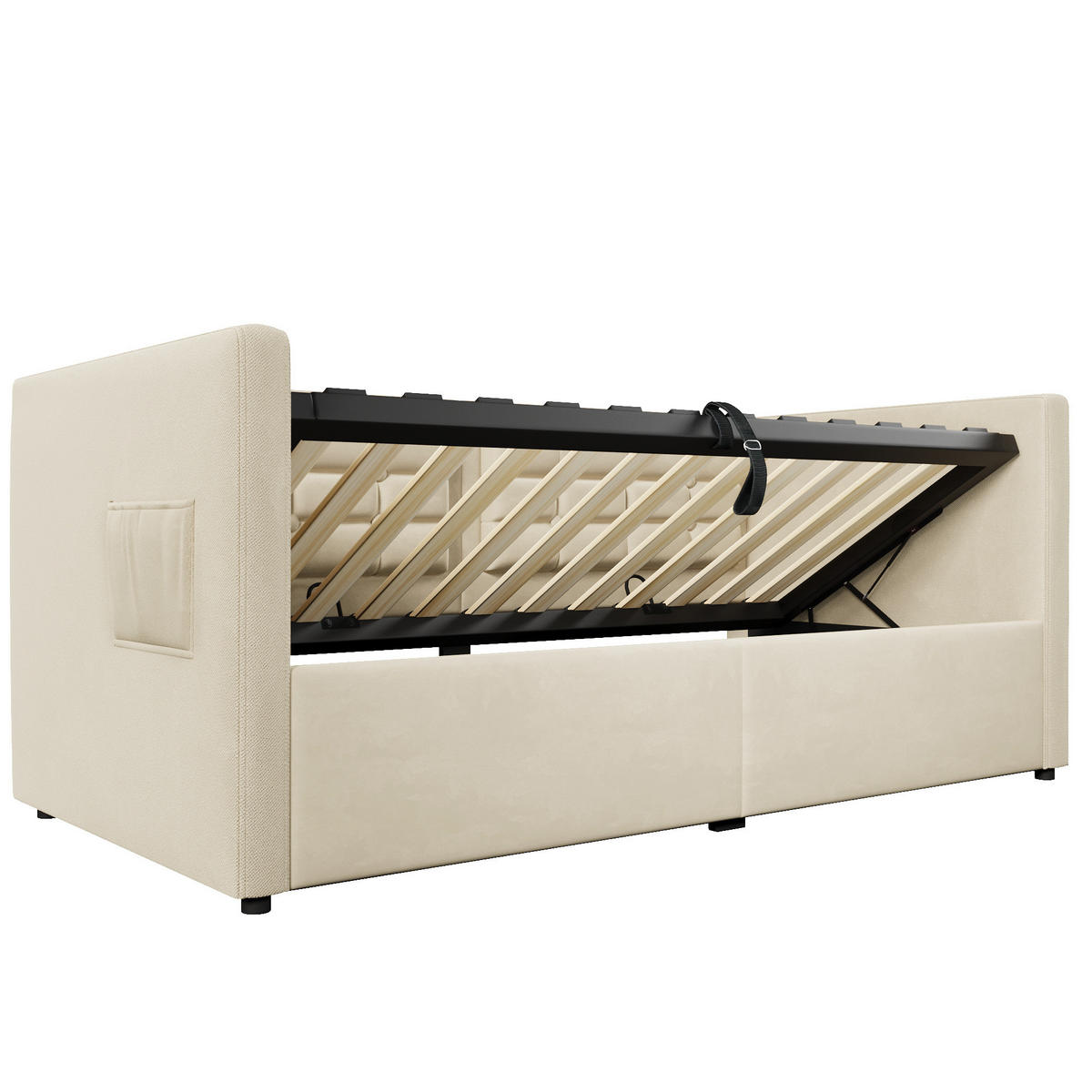 POSTEL 90/200 cm samet béžová s hydraulickým úložným prostorem a USB/Type-C - béžová, textil (90/200cm) - BEAOK