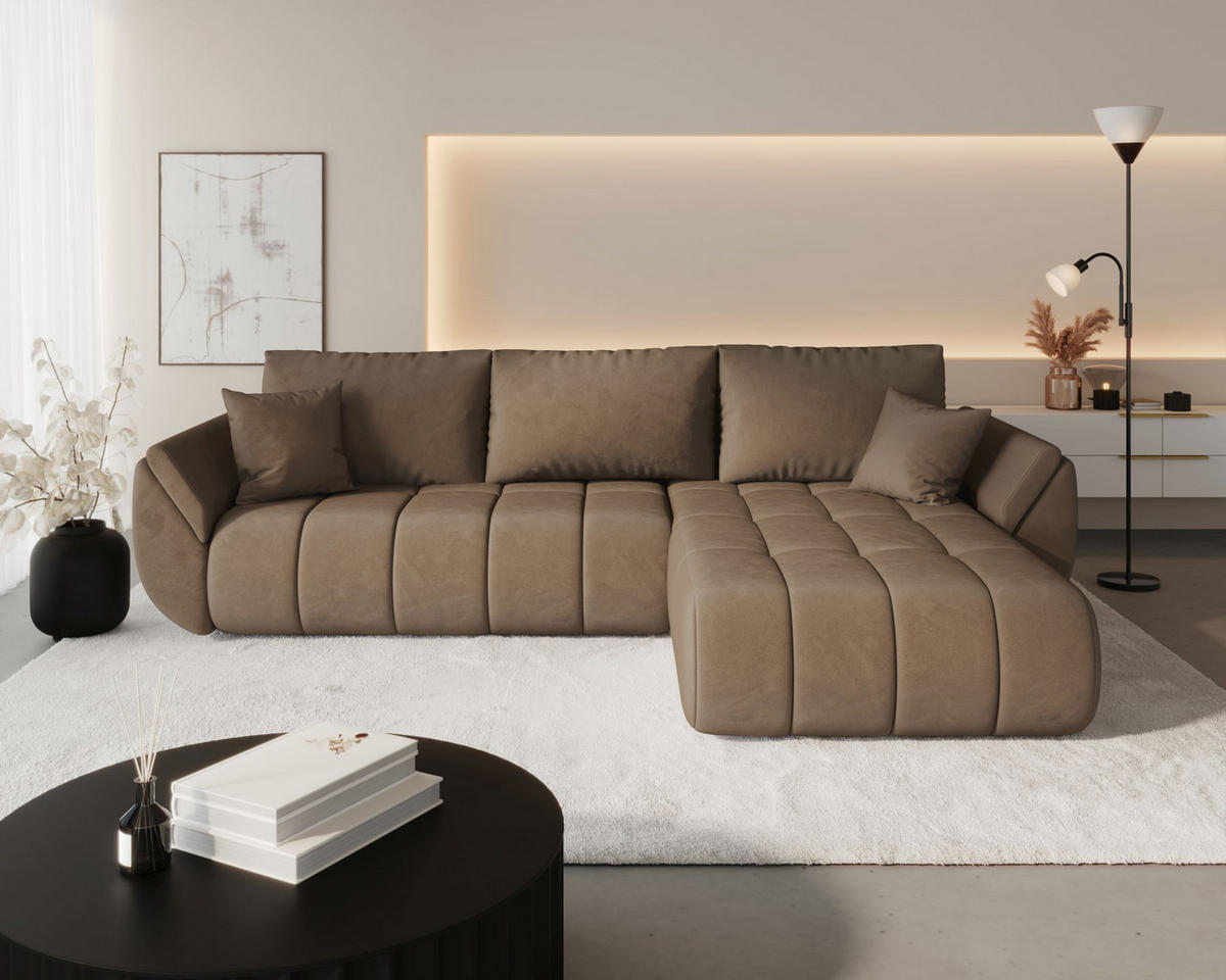 ROHOVÁ pohovka SYDNEY PREMIUM pravá hnědá samet Monolith 9 - funkce spaní, úložný prostor - hnědá, textil (280/185cm) - Cornero