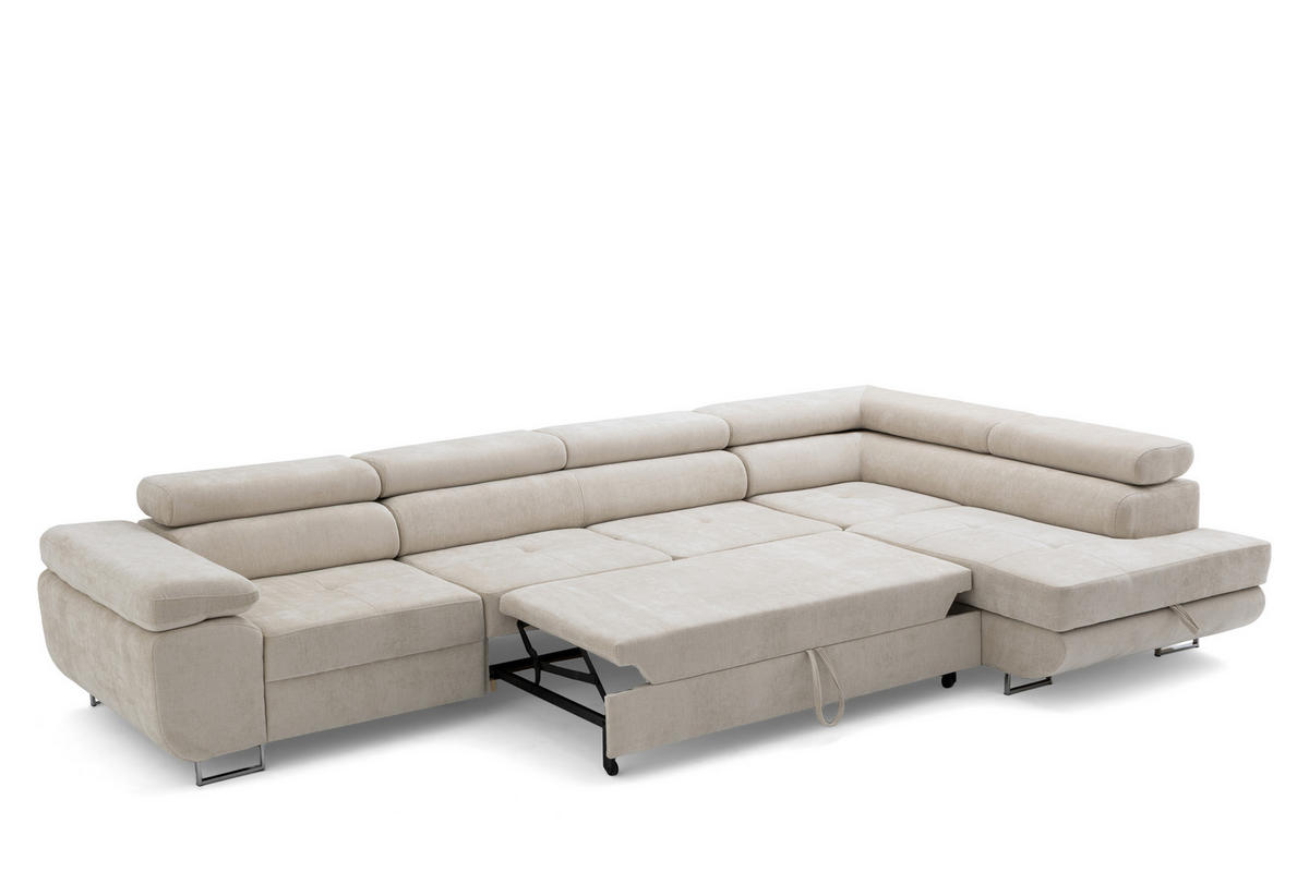 ECKSOFA WILD MAXI L Rechts mit Schlaffunktion 125x195 Chenille Beige - Chromfarben/Beige, Holz/Textil (203/350cm) - Muffo