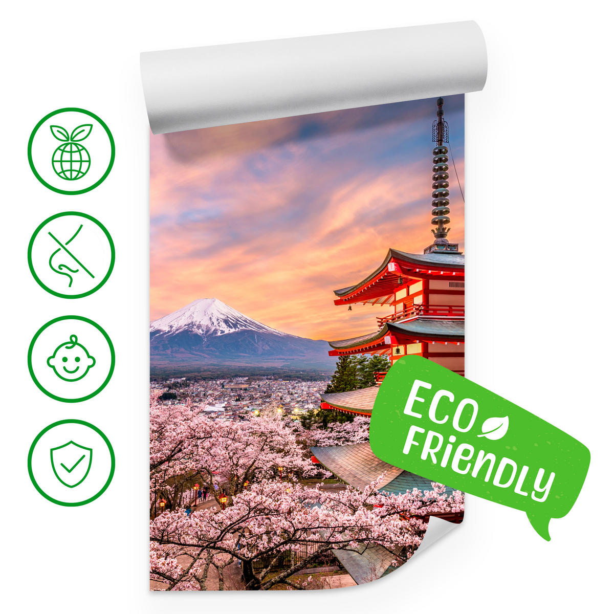 FOTOTAPETE für Wohnzimmer Japanische Pagode Frühling Sonnenuntergang 150x105 - Rot/Violett, Papier (150/105cm) - Muralo