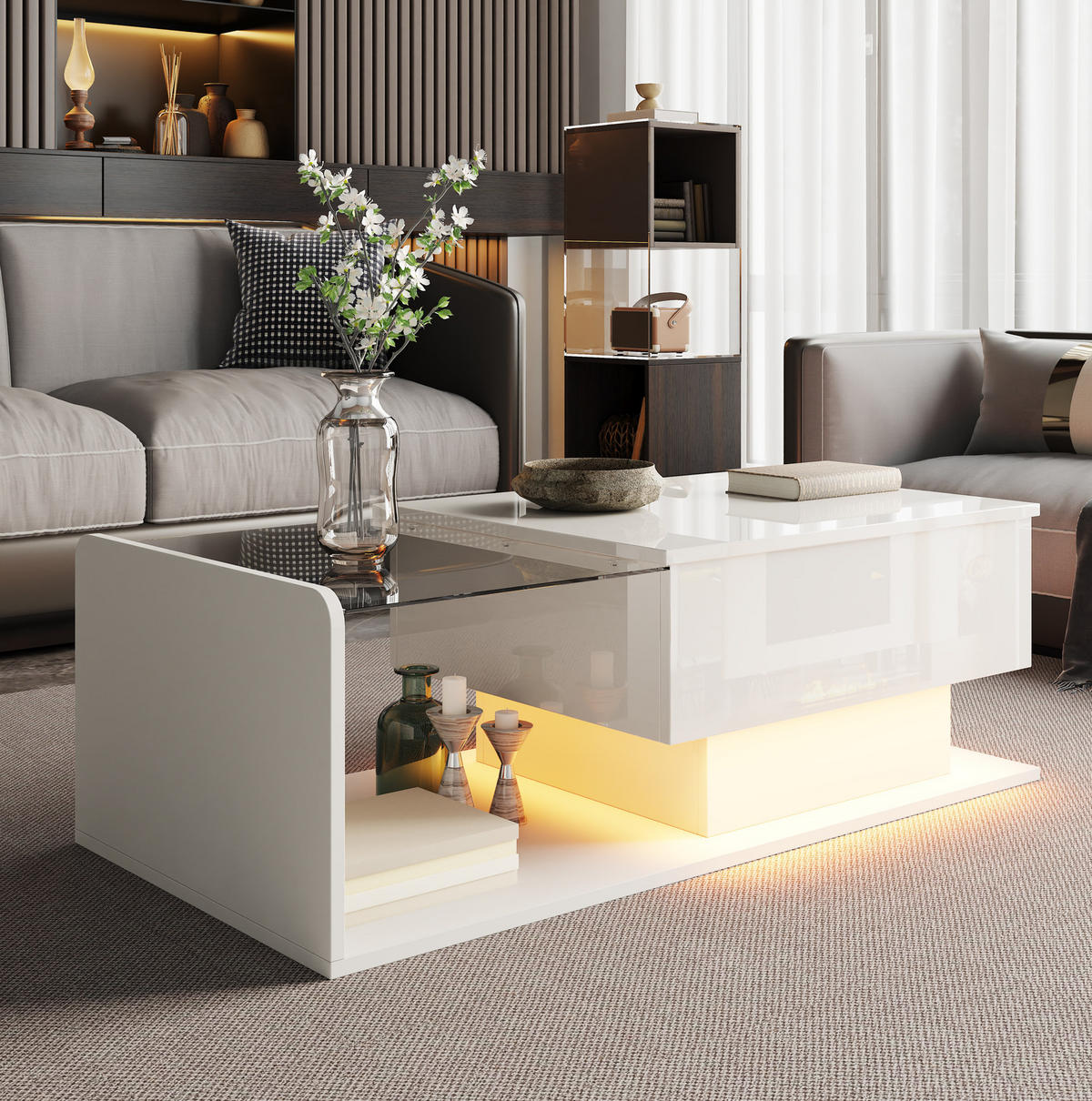 COUCHTISCH 100/50/47,5 cm höhenverstellbar mit LED-Beleuchtung, Glasplatte und Stauraum, Weiß - Weiß, Holzwerkstoff (100/50/47.5cm) - Redom