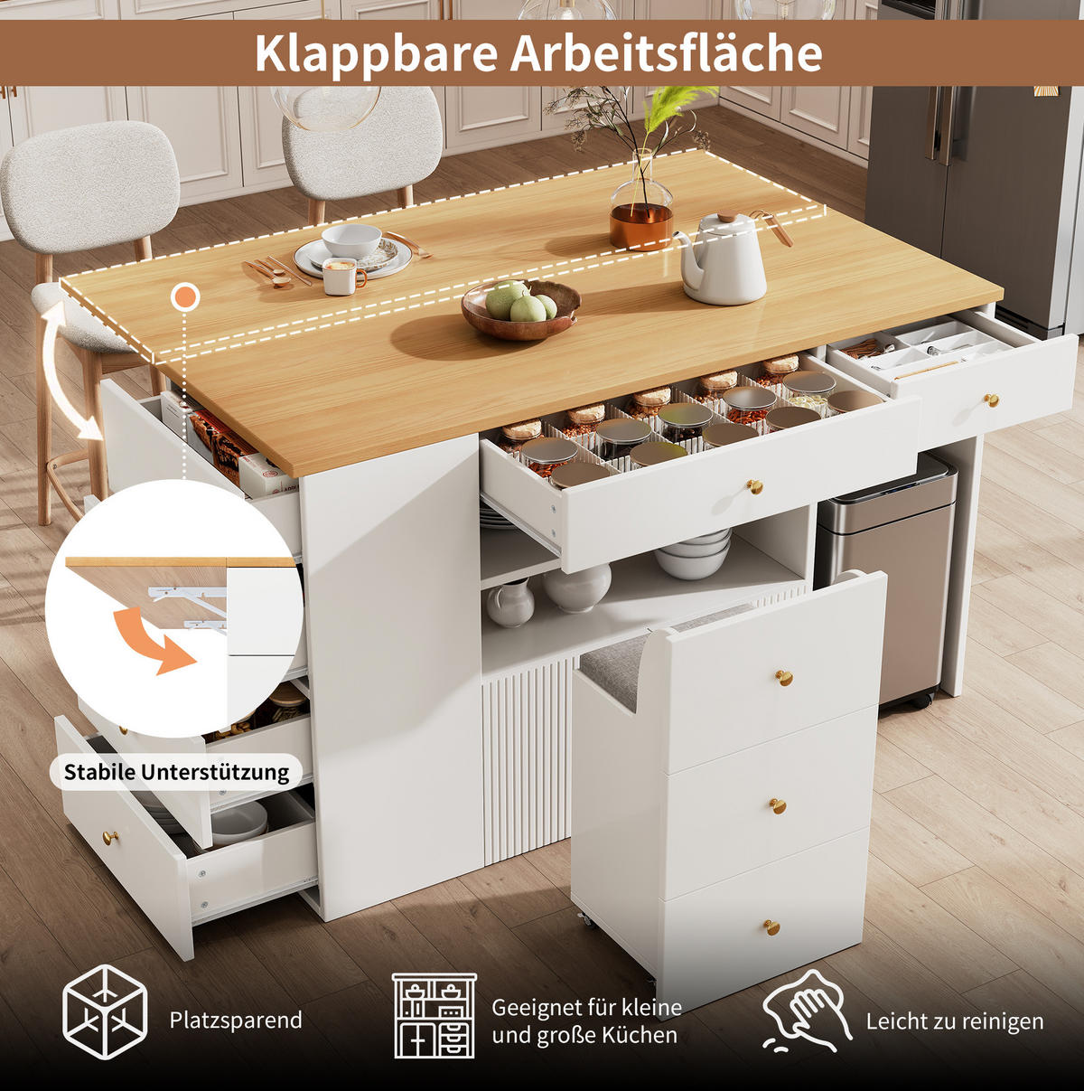 KÜCHENINSEL aus MDF mit Stauraum & Hocker, 140/40(70)/89 cm, Weiß - Weiß, Holzwerkstoff (40/89/140cm) - Redom
