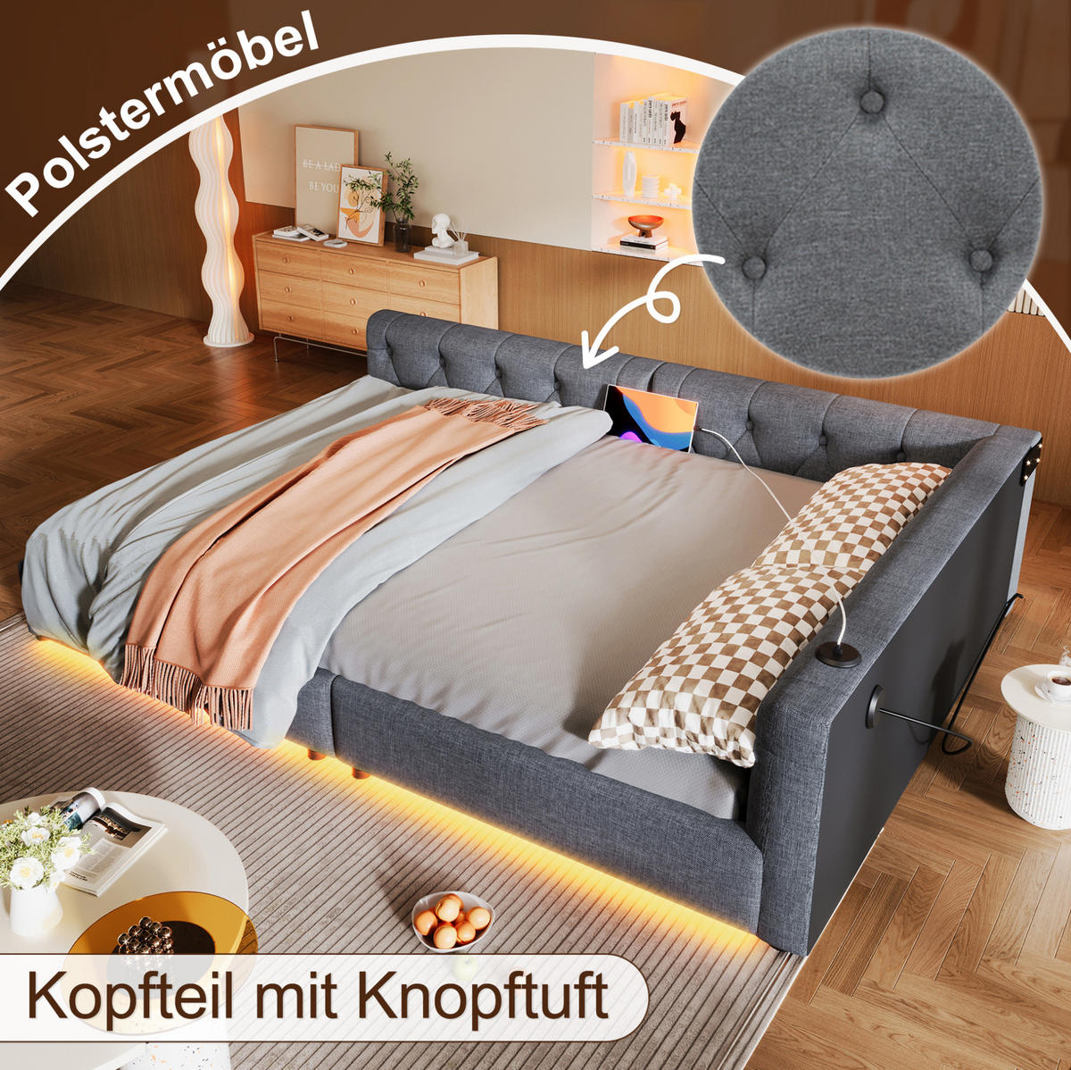 POLSTERBETT 140/200 cm aus Leinen mit LED-Beleuchtung, USB- und Type-C-Anschluss, Lattenrost und Knopfheftung, Grau - Grau, Textil (140/200cm) - Redom