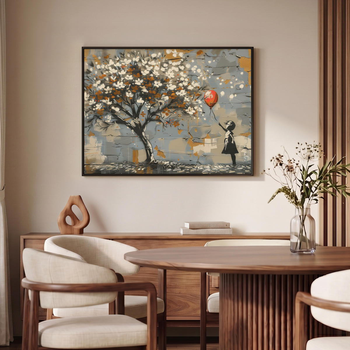 LEINWAND Bilder mit Rahmen - Baum - Graffiti - Banksy-Stil - Ballon-Mädchen - 100x70 - Blaugrau, Textil (100/70cm) - MuchoWow