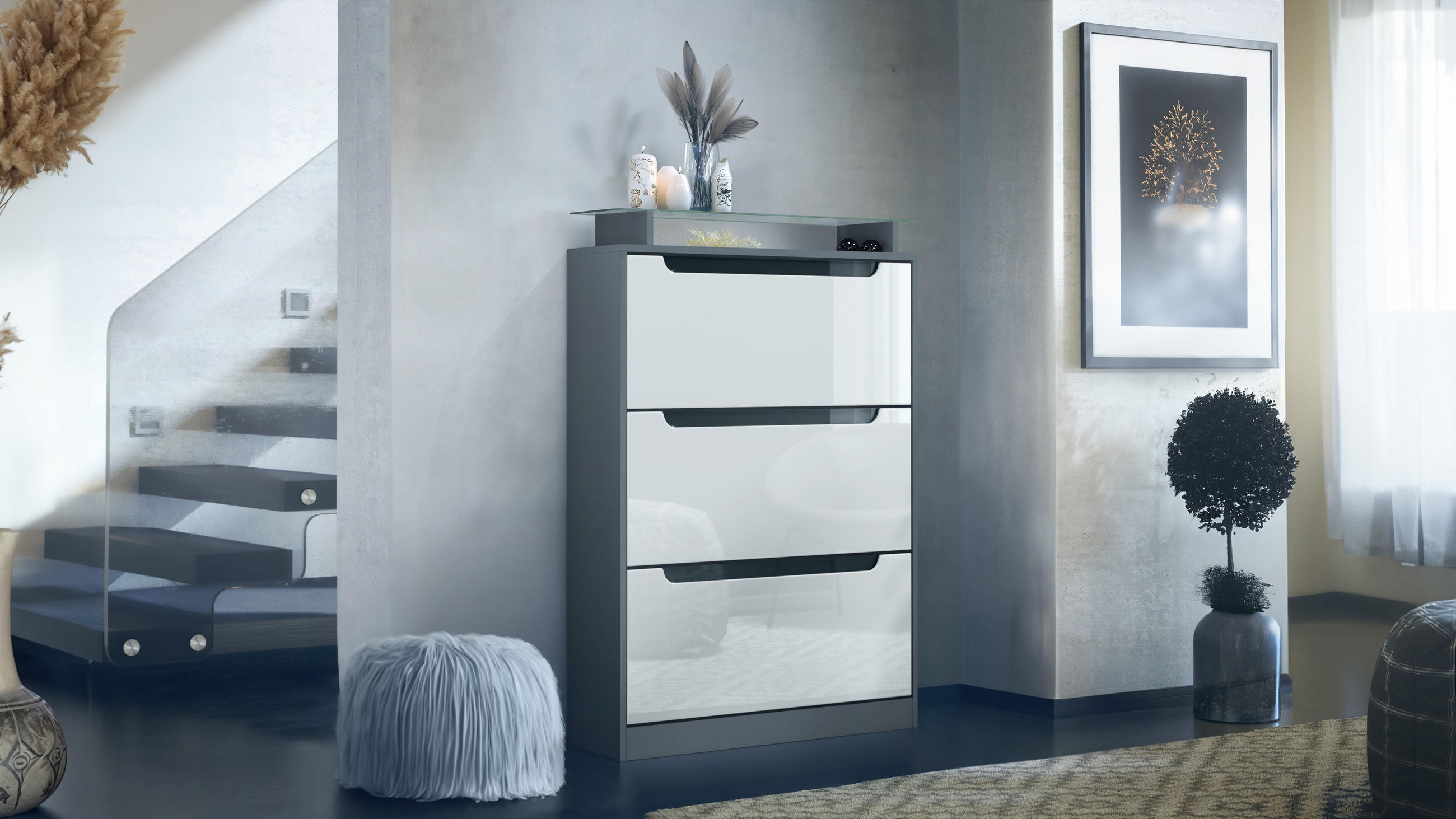 SCHUHSCHRANK Space Weiß Hochglanz - Weiß Hochglanz, Holzwerkstoff (89/128/23cm) - Vladon