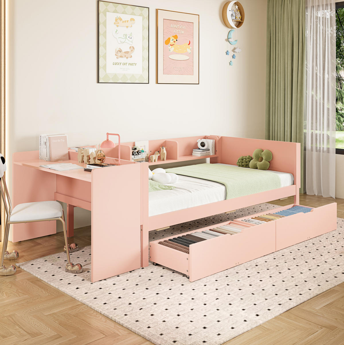 KINDERBETT 90/200 cm mit Schreibtisch, 3 Regalen, 2 Schubladen und Absturzsicherung aus Kiefer/Spanplatte, Rosa/Weiß - Rosa, Holzwerkstoff (90/200cm) - Redom