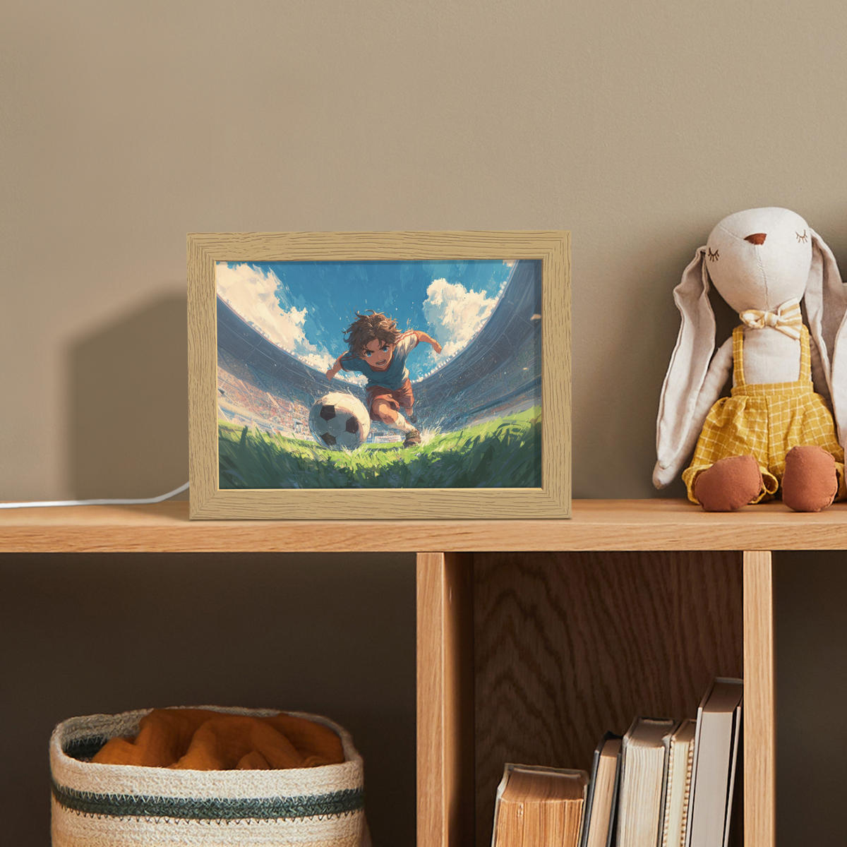 NACHTTISCHLAMPE Stadion - Fußballer - Ball 20x15 cm - Blau, Holzwerkstoff (8/20/15cm)