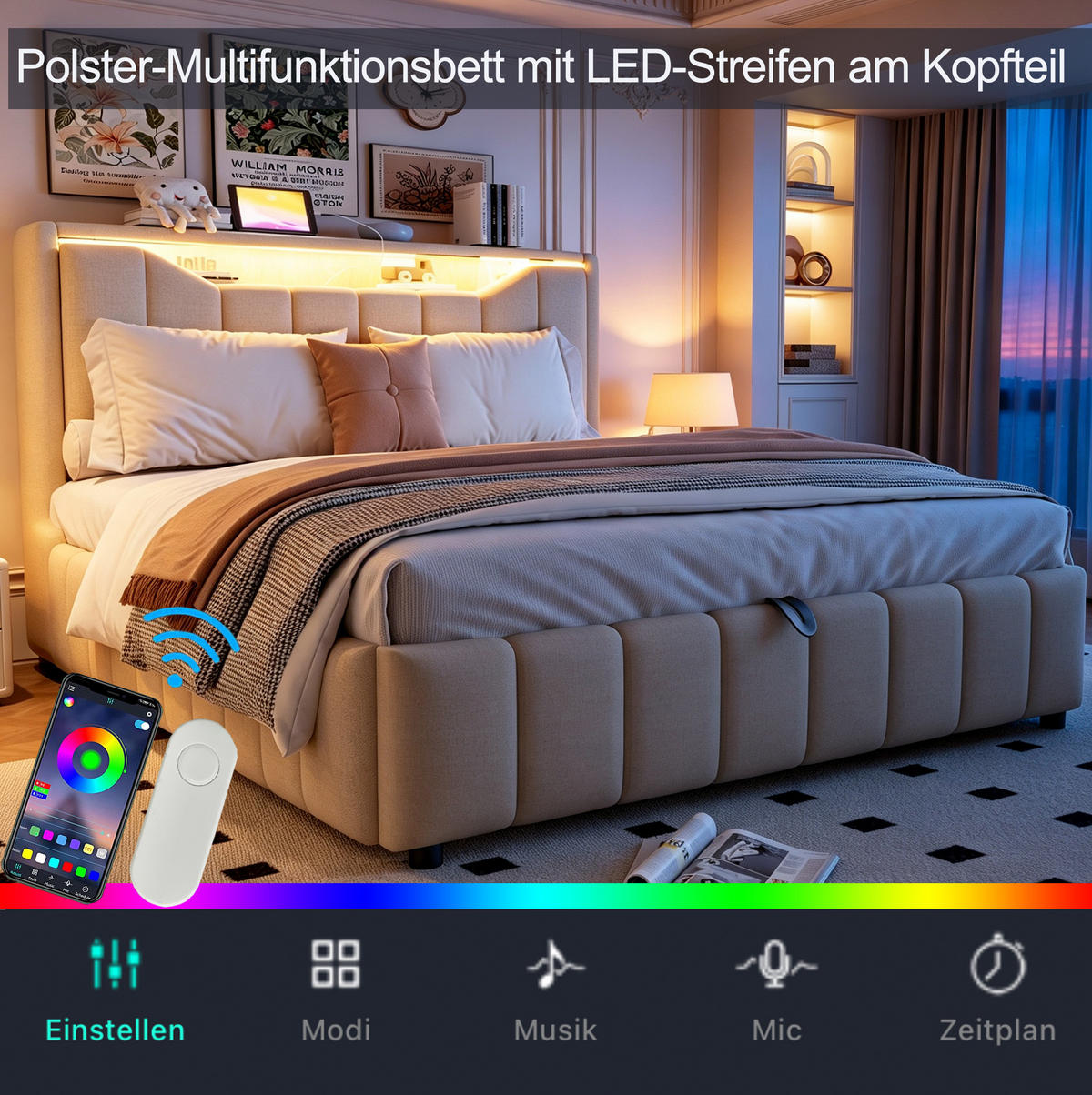 POLSTERBETT 140x200 cm in Beige mit hydraulischem Stauraum, LED und USB-/USB-C-Anschlüssen - Beige, Textil (140/200cm) - IVMEU