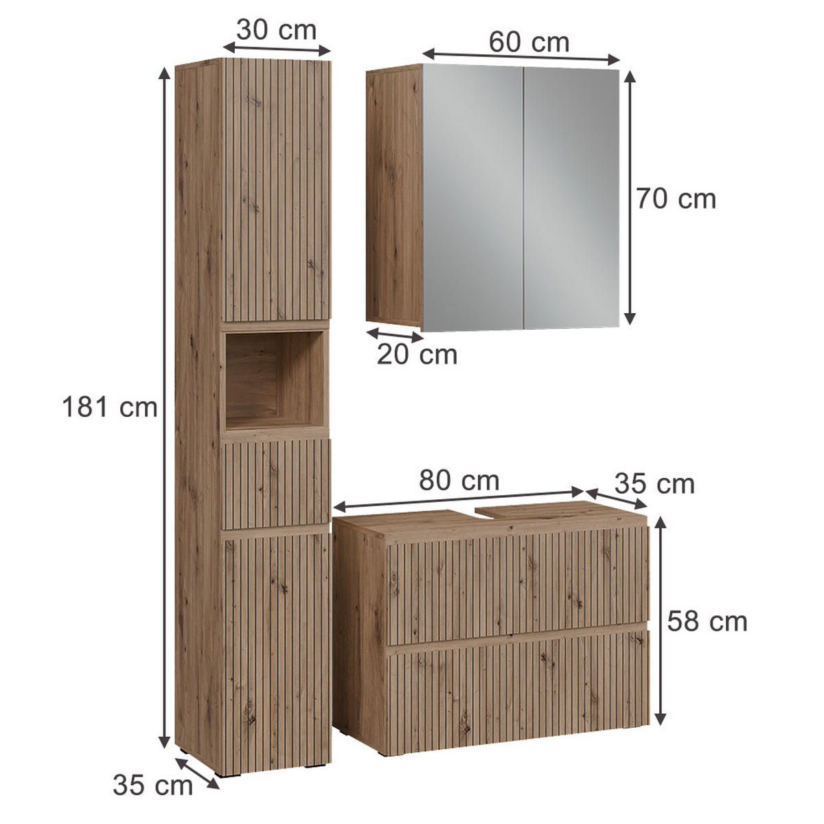 BADMÖBEL-SET Takumi Artisan 3 Teile - Hellgrau, Holzwerkstoff (80/58/35cm) - Vicco