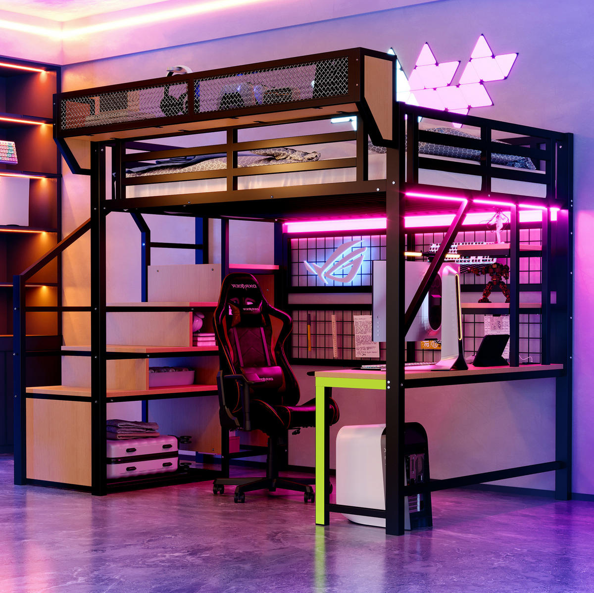 VYSOKÁ posteľ 140/200 cm čierna z kovu a MDF s písacím stolom LED osvetlením a úložným priestorom - čierna, kov (140/200cm) - OKWISH