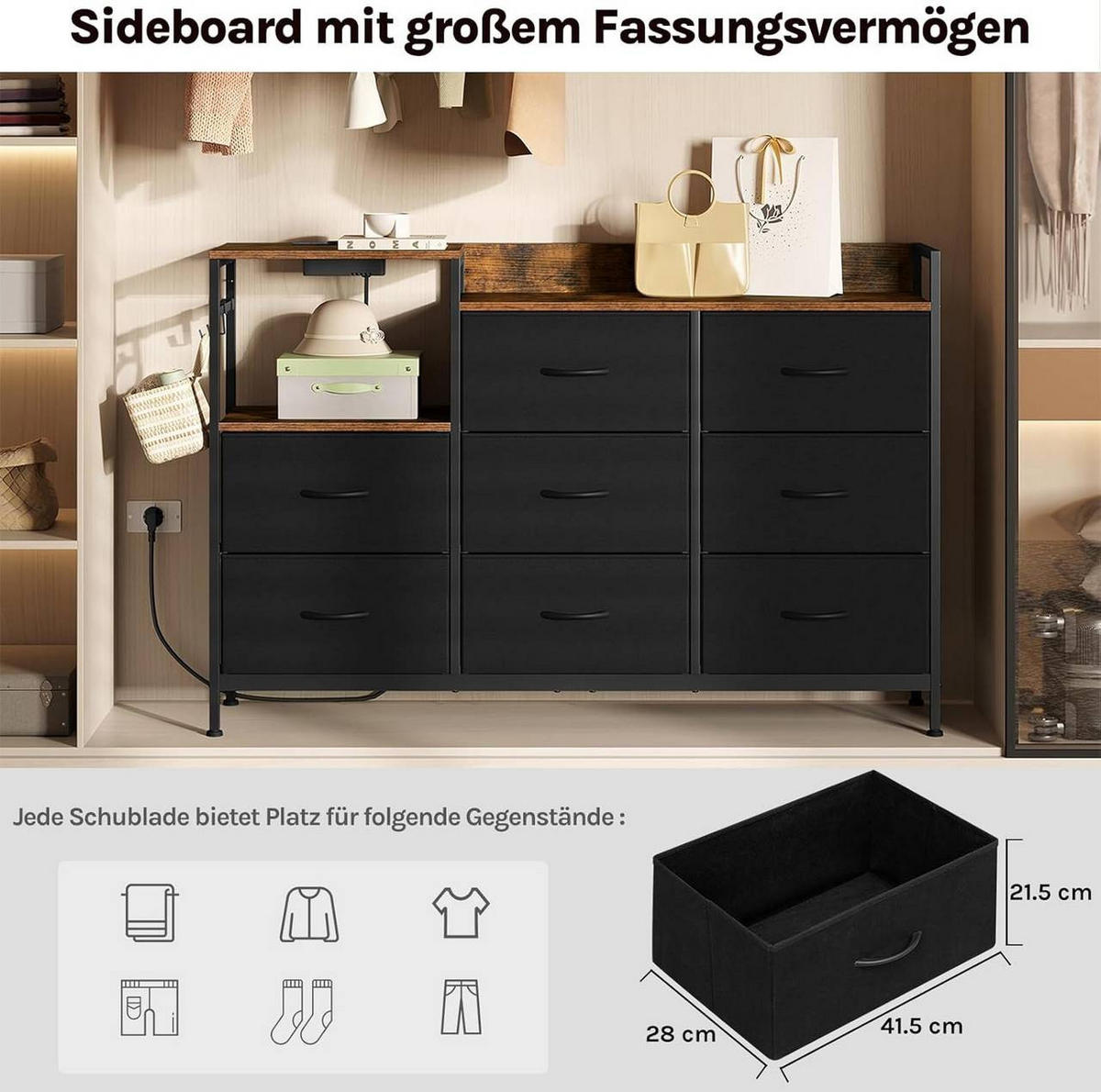 KOMMODE mit 8 Schubladen, 2 Steckdosen, Schwarz - Schwarz, Holzwerkstoff/Textil (132/88/30cm) - Woltu