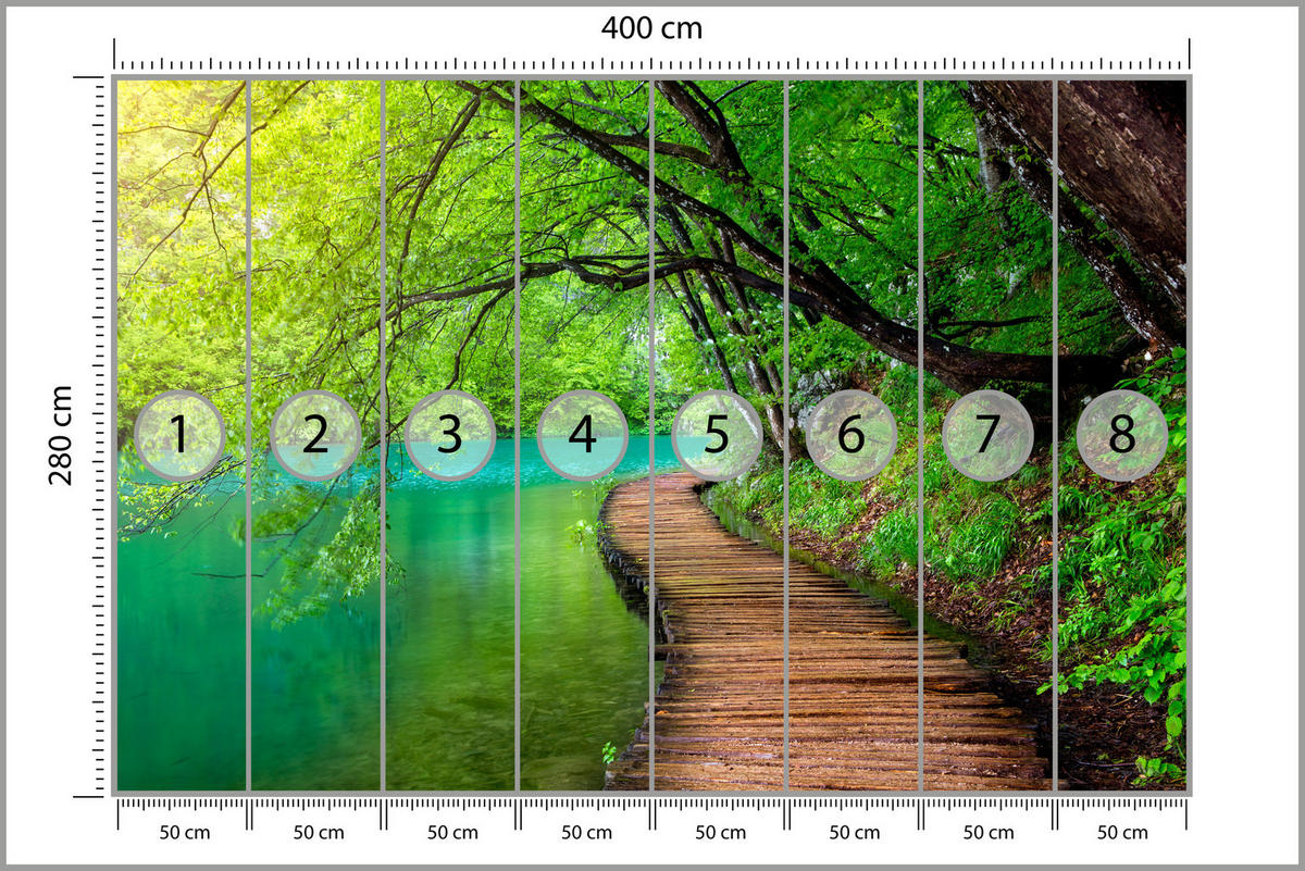 FOTOTAPETA Pre Obývaciu Izbu Drevené Mólo Jazero Stromy Rastliny Príroda 400 x 280 cm - hnedá/zelená, papier (400/280cm) - Muralo
