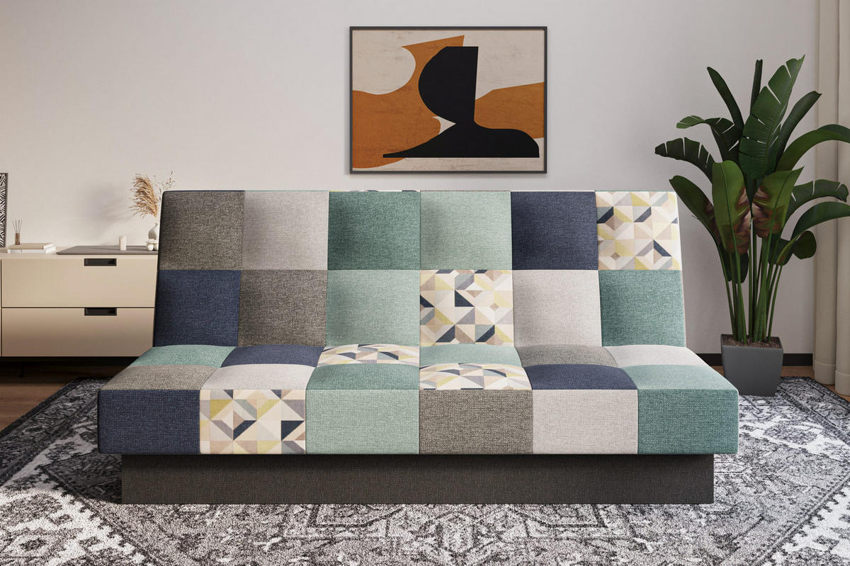 SCHLAFSOFA - Cyprus patchwork - Hellblau + Grau - Hellblau, Holz (192/85/92cm) - Möblo