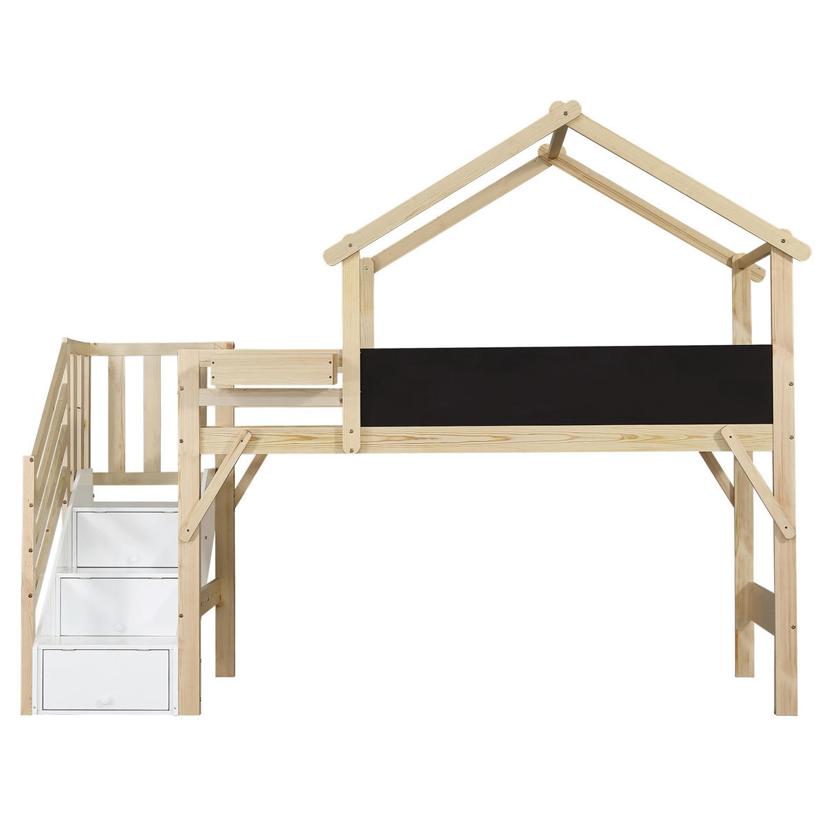 ETAGENBETT mit Stauraumtreppe und Kreidetafel 90x200 cm Weiß/Natur - Weiß, Holzwerkstoff (90/200cm) - Beauniv
