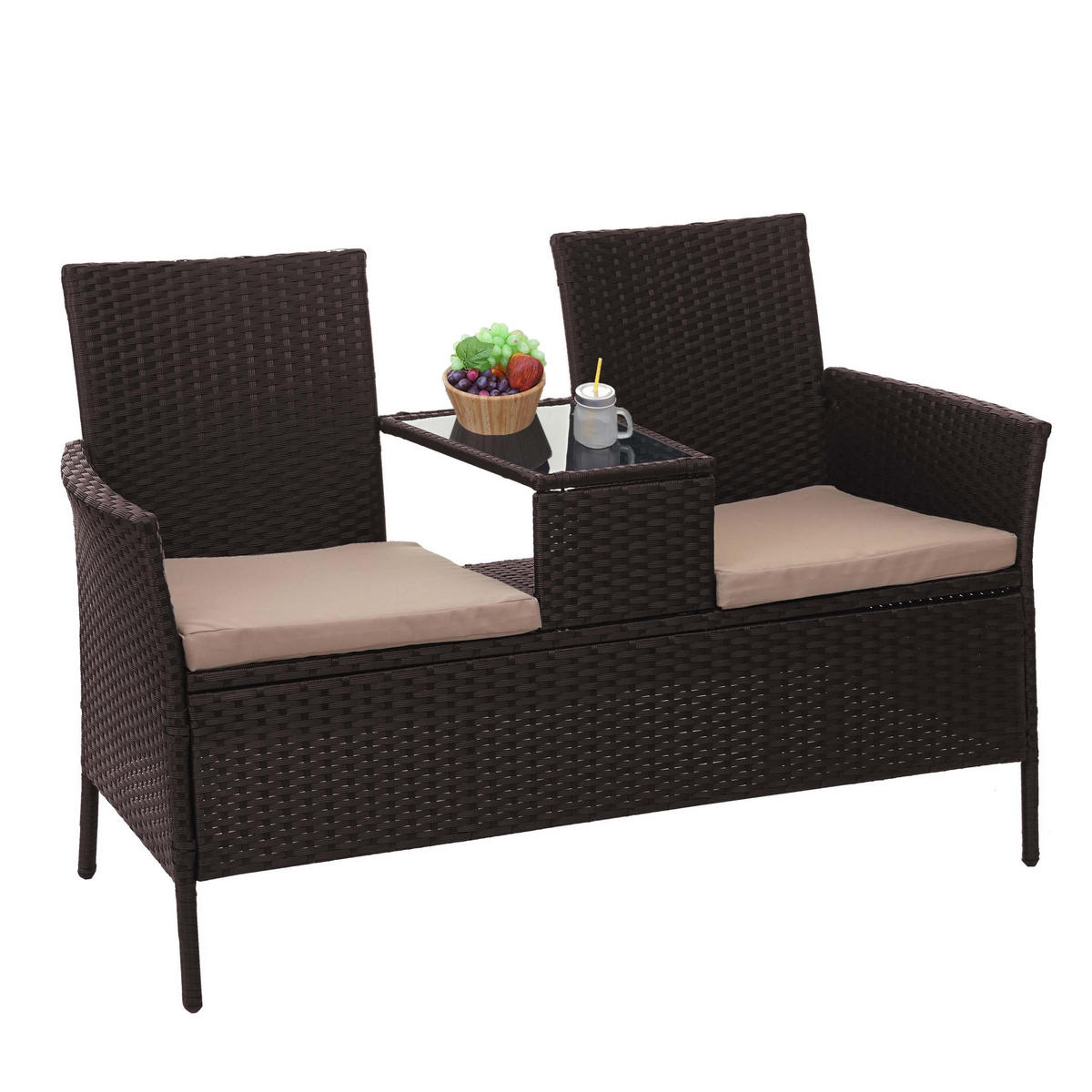 POLY-RATTAN SITZBANK MIT TISCH Braun, Beige - Beige/Braun, Kunststoff (132/84/55cm) - MCW