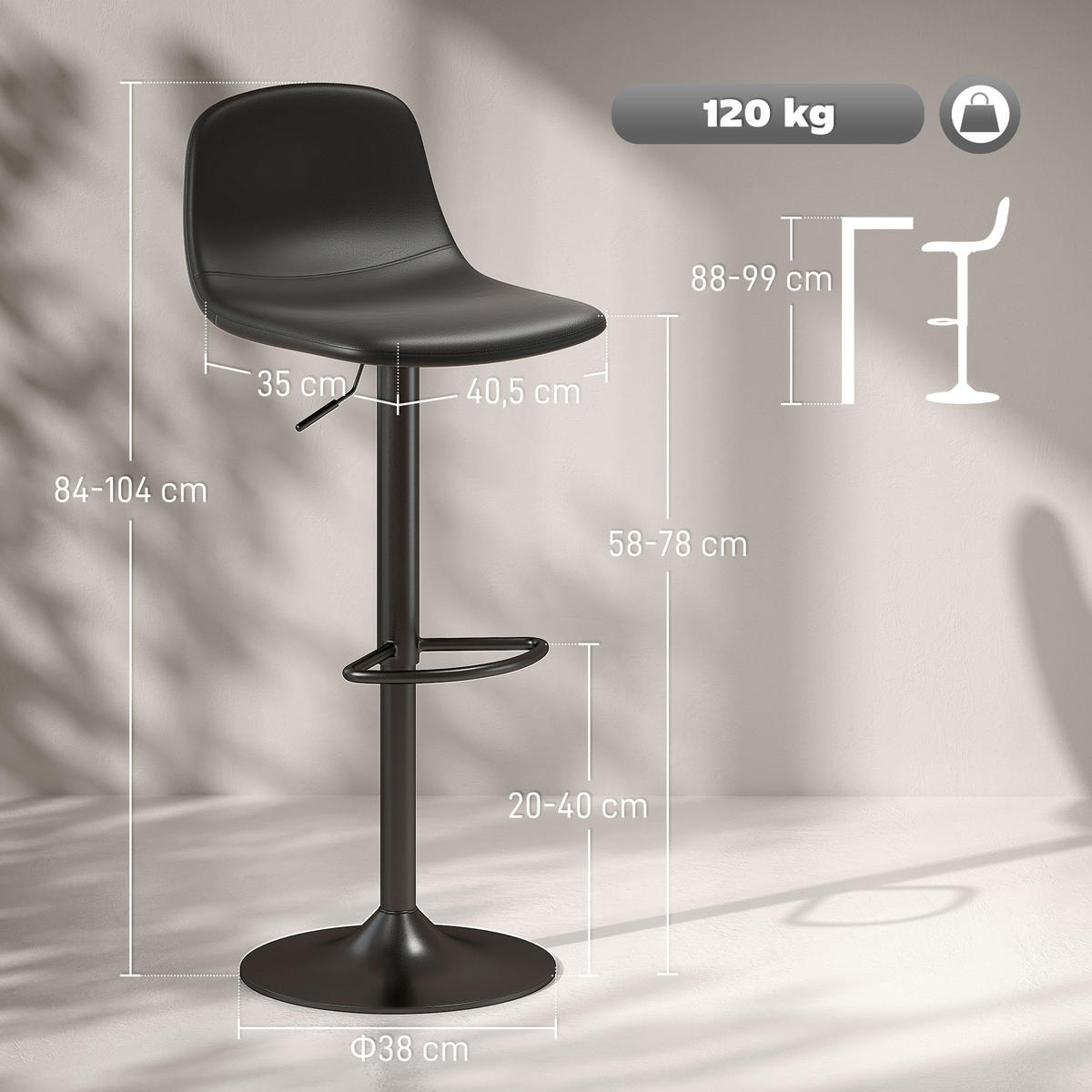 BARHOCKER, Höhenverstellbar, Schwarz - Schwarz, Metall (44/104/40.5cm) - HOMCOM