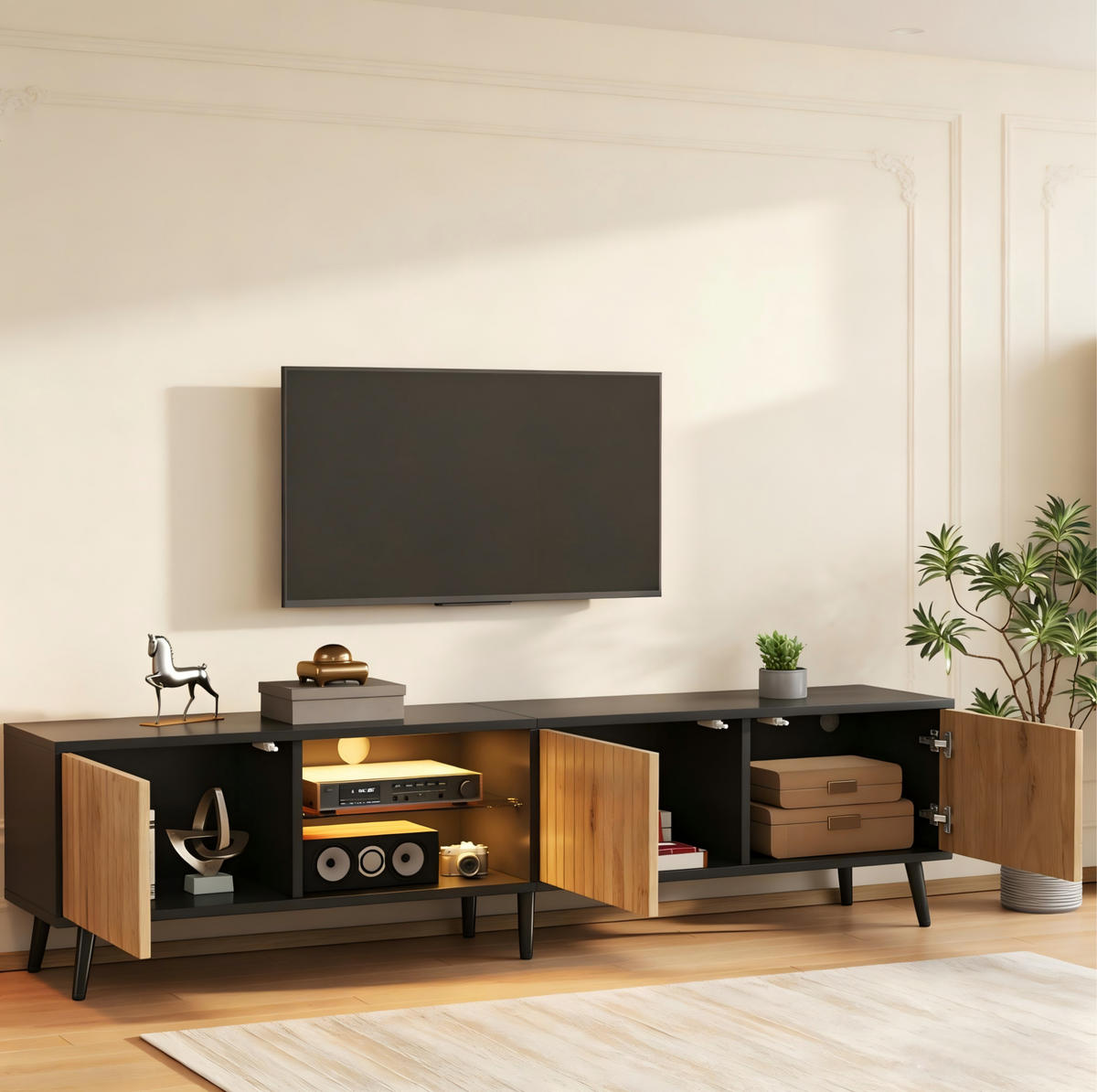 TV-LOWBOARD 175/31/43,5 cm naturfarben/schwarz aus Spanplatte mit LED - Naturfarben, Holzwerkstoff (31/43.5/175cm) - OKWISH