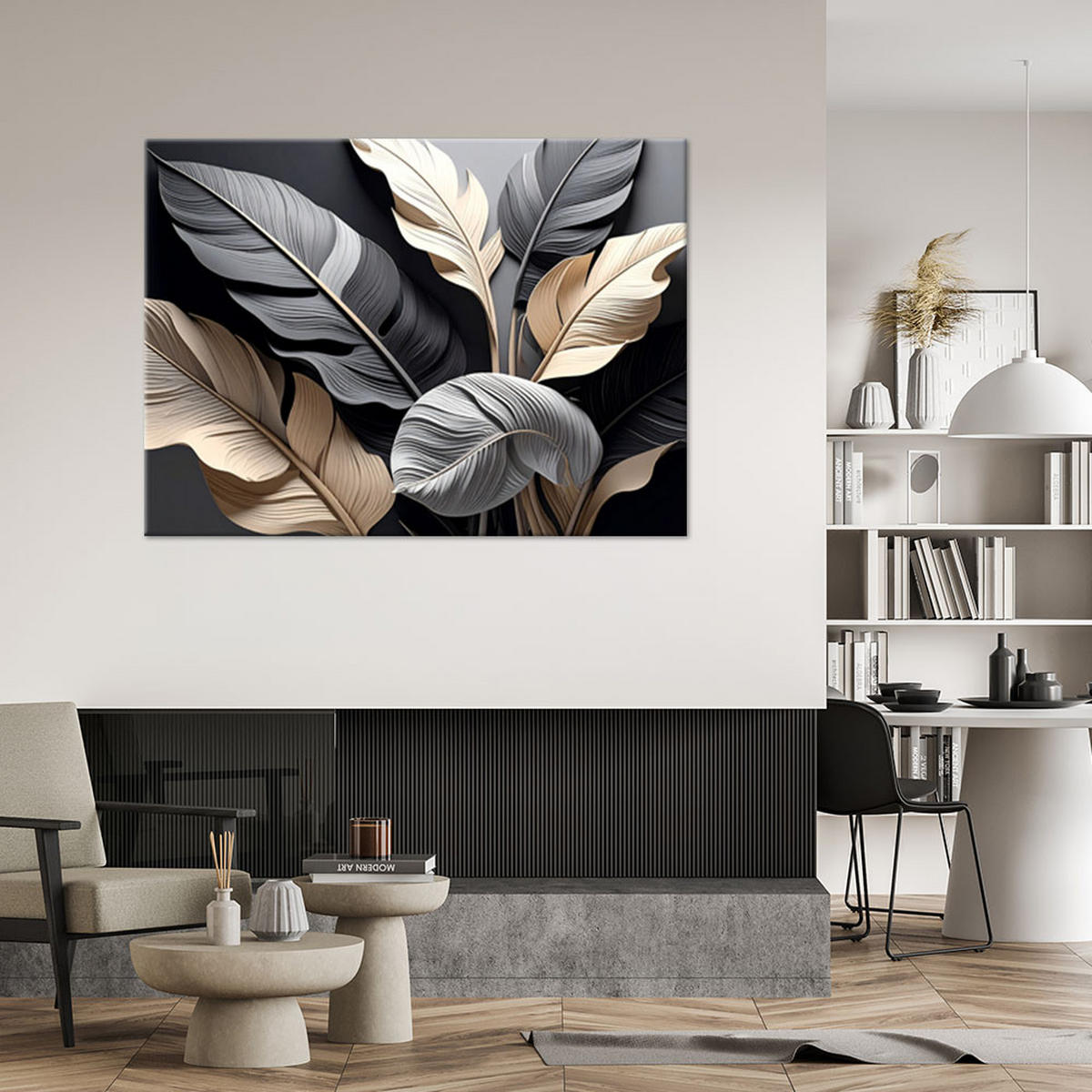 WANDBILD, Schwarze beige und weiße geschichtete Blätter - Schwarz, Textil (60/40cm) - Feeby