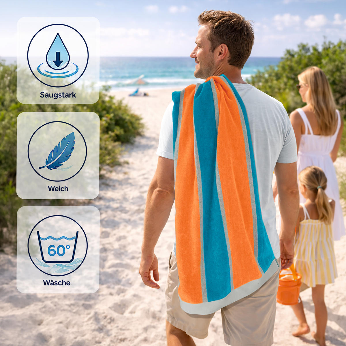 STRANDTUCH Surf 90x180 cm - Blau/Orange, Naturmaterialien (90/180cm) - Lashuma