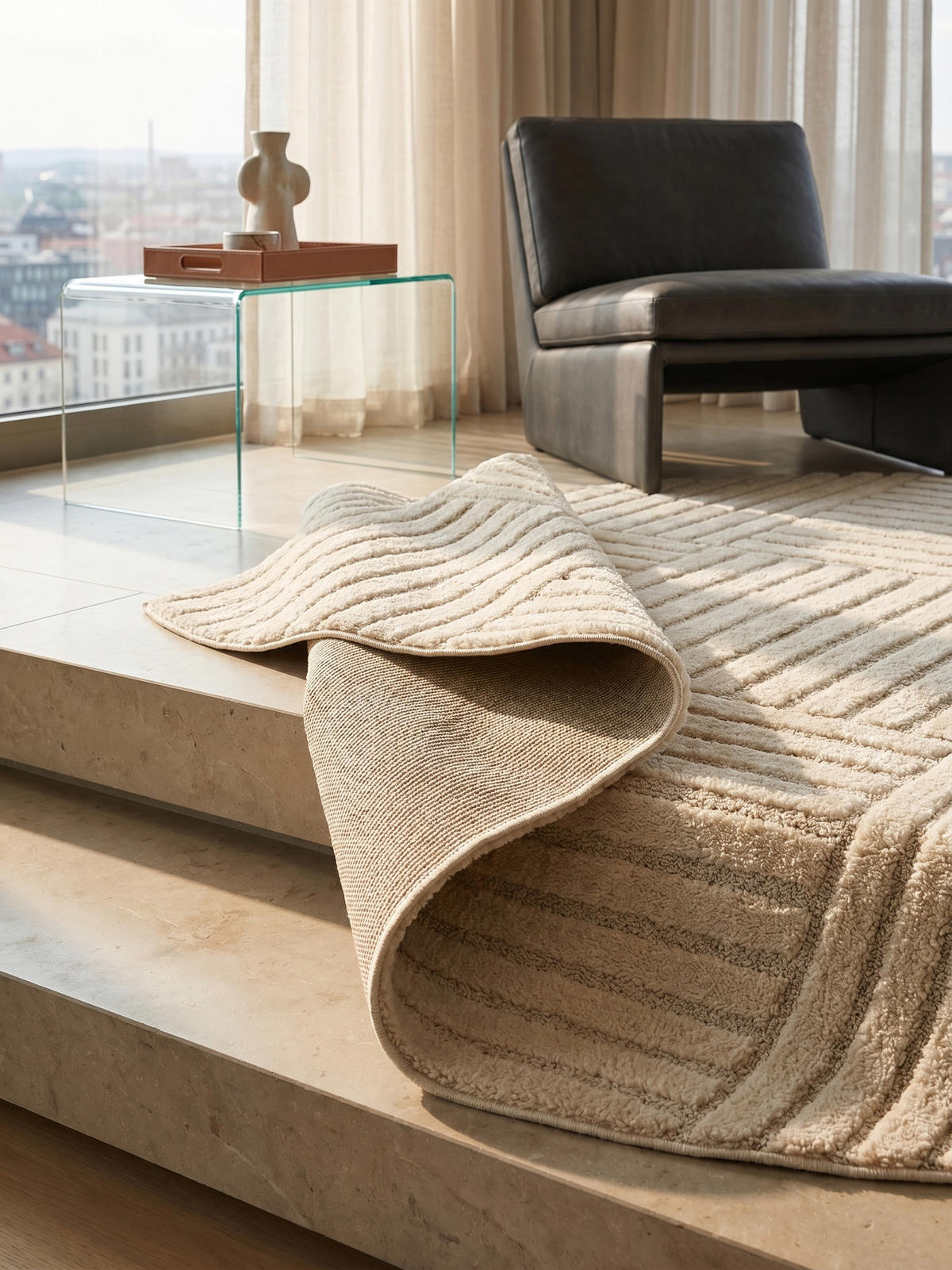 TEPPICH Hochflor RIGI in Creme, mit Cord-Streifen-Patchwork, Ø 120 cm - Beige, Textil (120/120cm) - KADIMA DESIGN