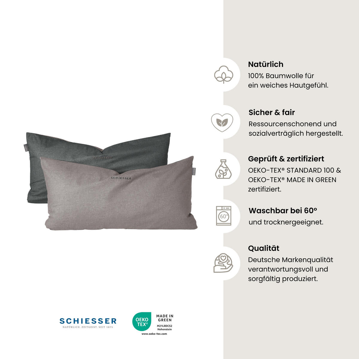 KISSENHÜLLENSET Doubleface - Renforcé - 2-teilig - 40 x 80 cm - Grau-Schwarz - Schwarz, Textil (40/80cm) - SCHIESSER