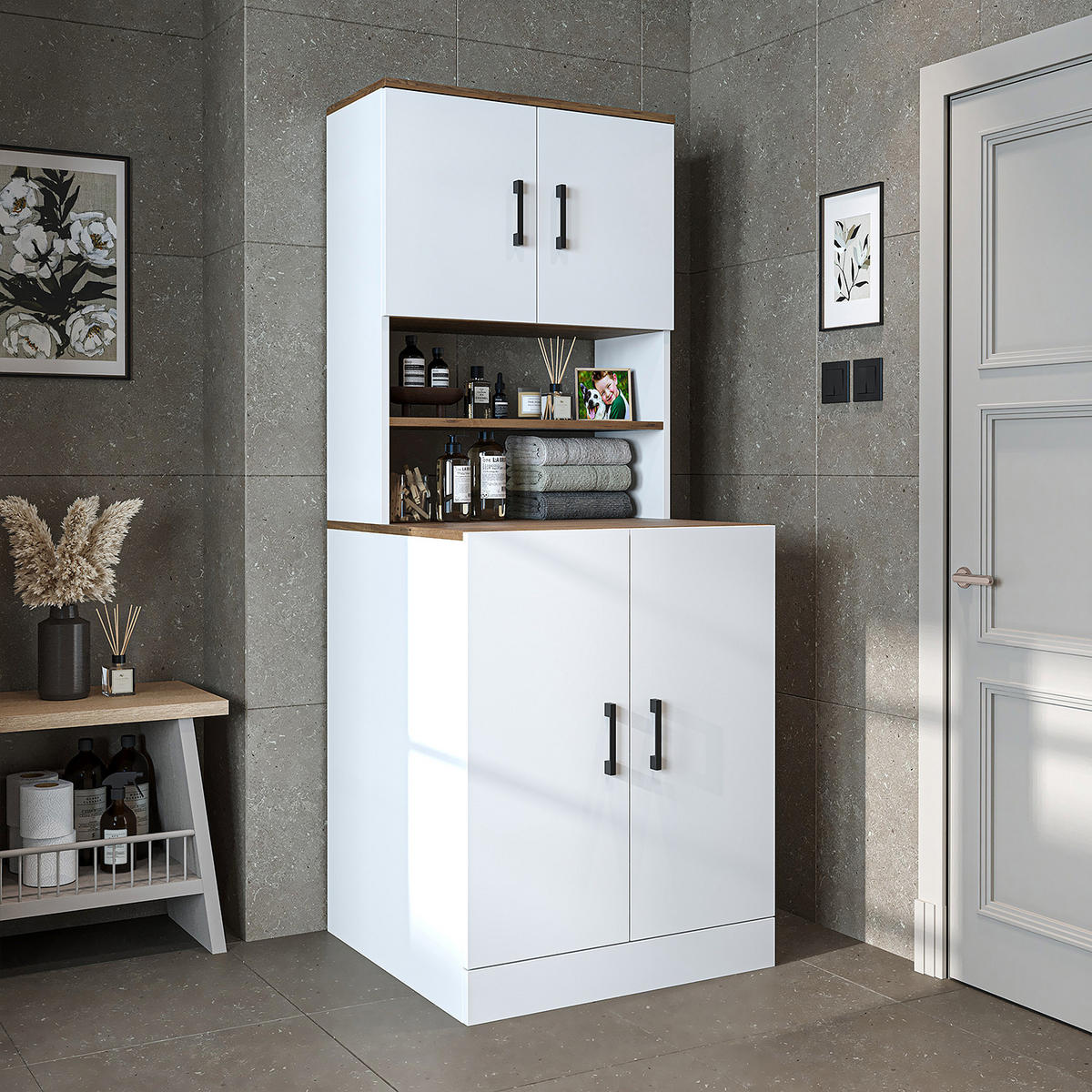 WASCHMASCHINENSCHRANK Atlantic I 70cm Breit, 180cm Hoch - Eiche Bianco, Holzwerkstoff (70/180/69cm)